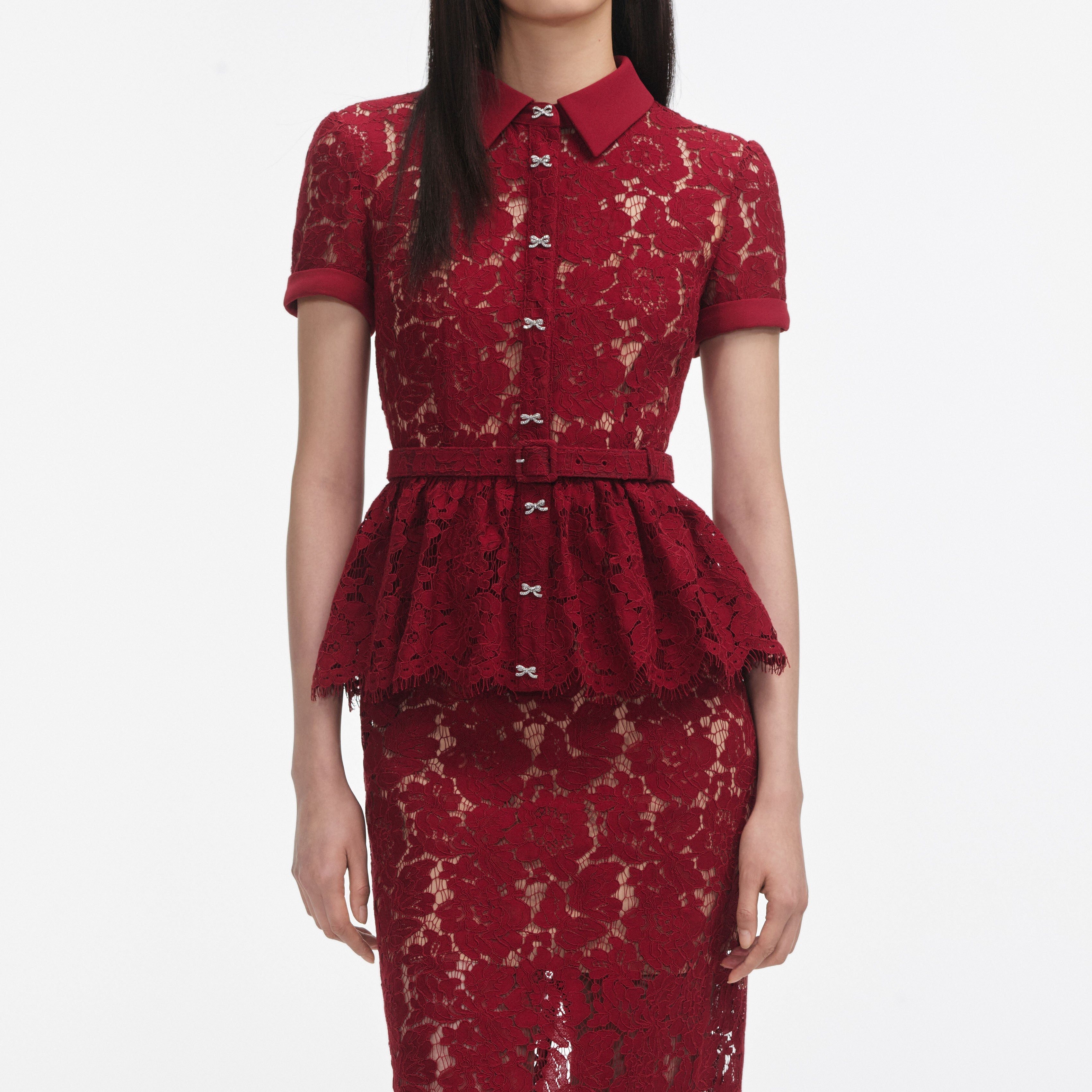 Burgundy Lace Peplum Midi Dress