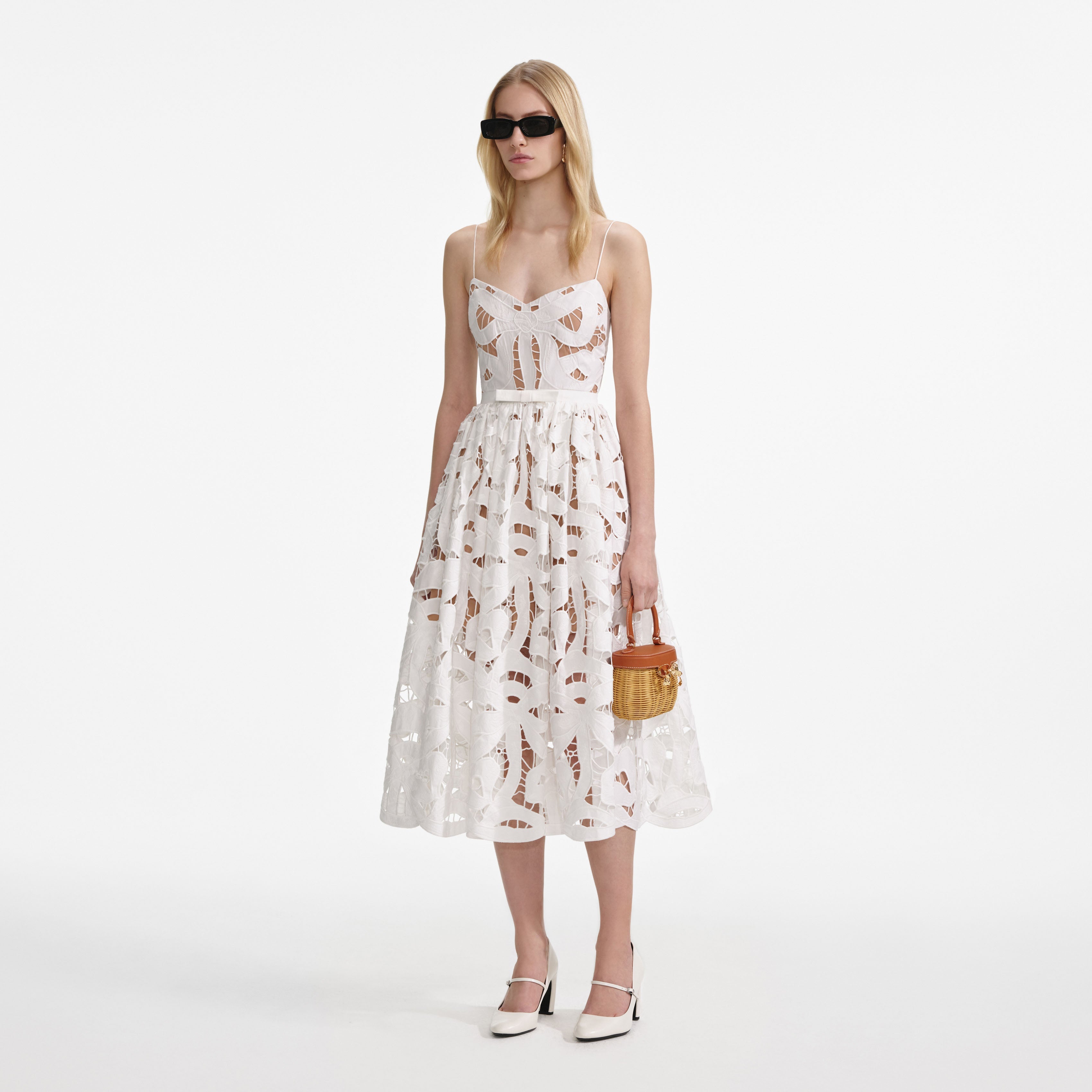 White Bow Embroidered Midi Dress