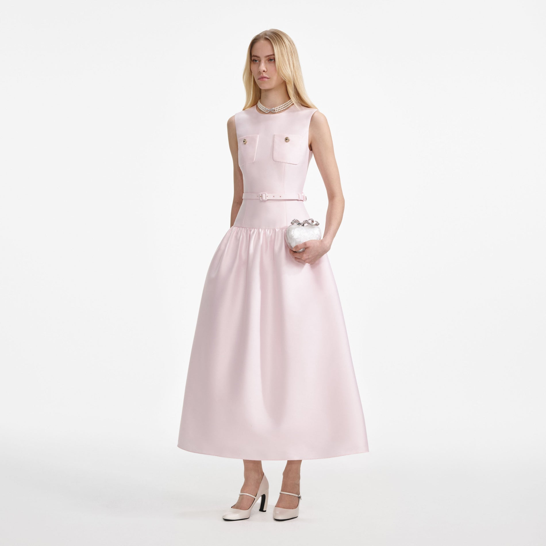 Side view of a woman wearing the Pink Taffeta Midi Dress