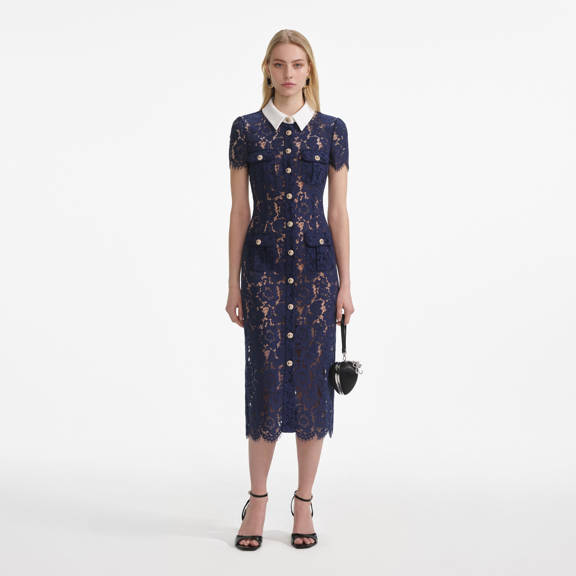 Front view of a woman wearing the Navy Lace Contrast Collar Midi Dress