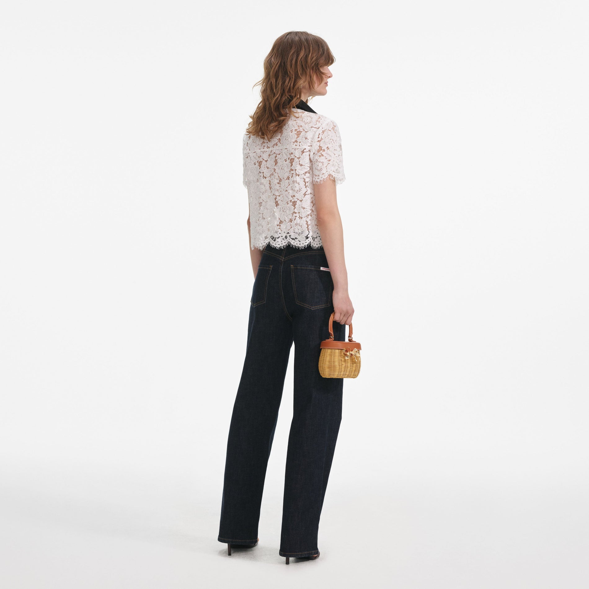 Back view of a woman wearing the White Lace Contrast Collar Top