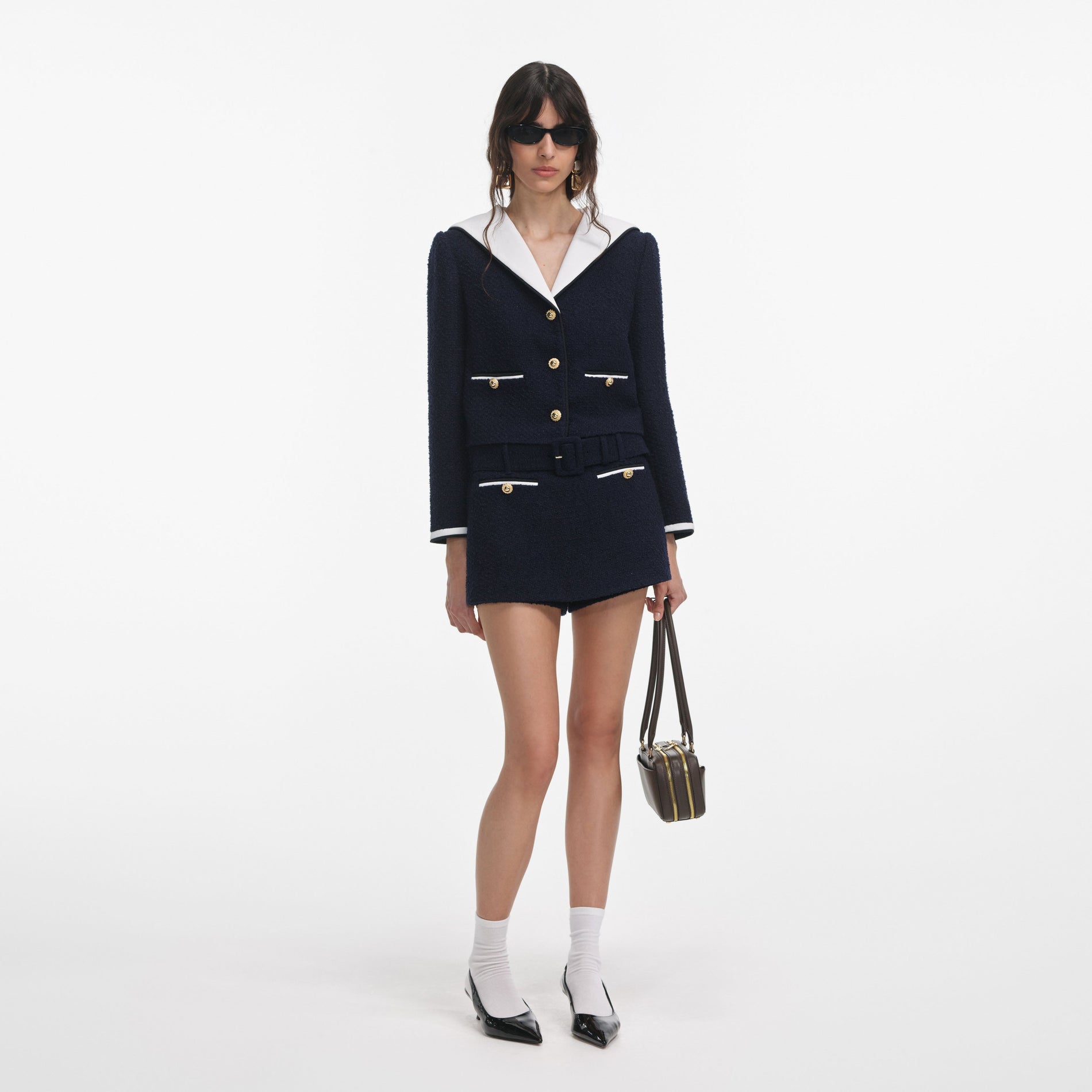 Front view of a woman wearing the Navy Boucle Contrast Collar Jacket