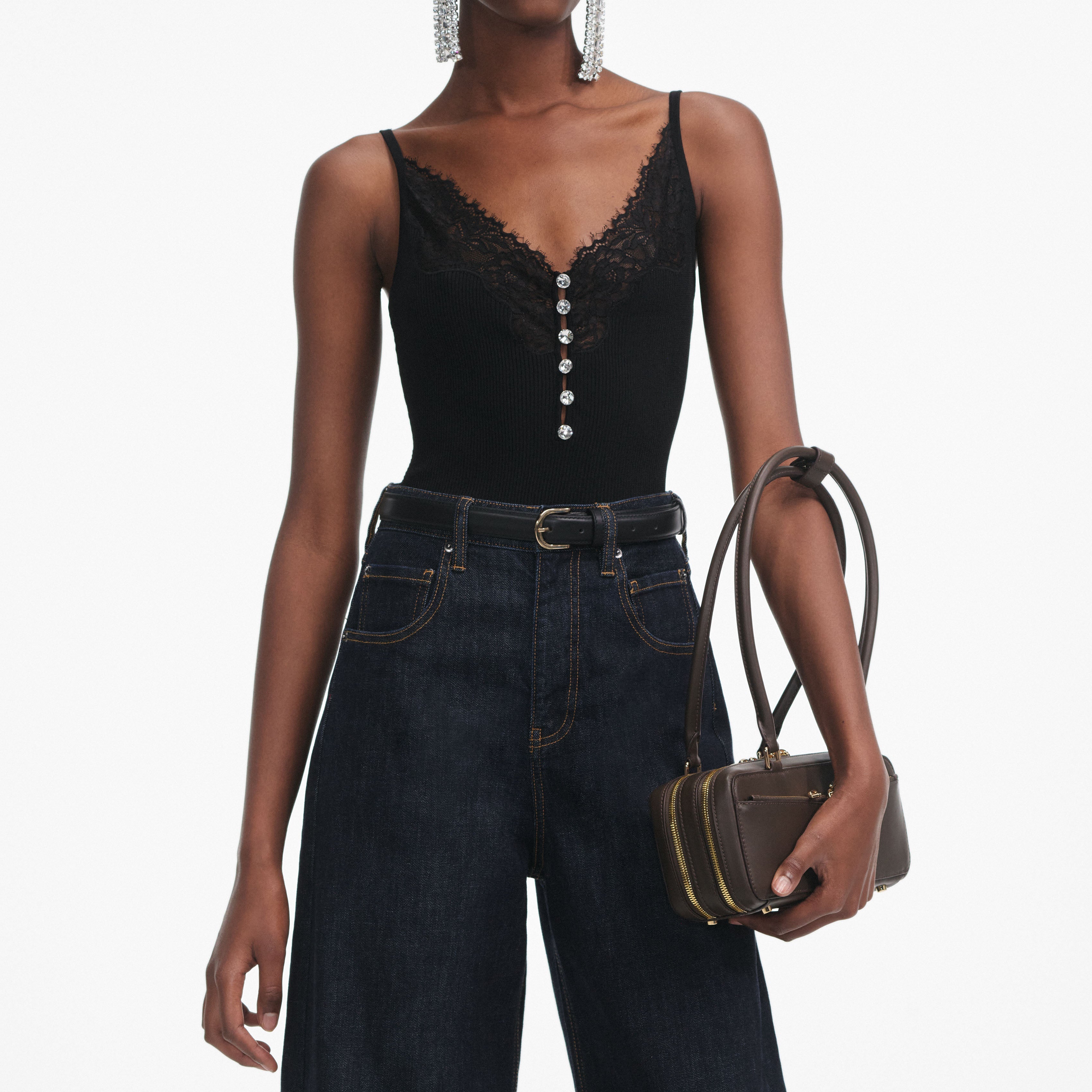 Black Lace Trim Rib Knit Top