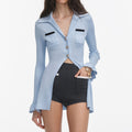 Blue Ribbed Viscose Knit Longline Top