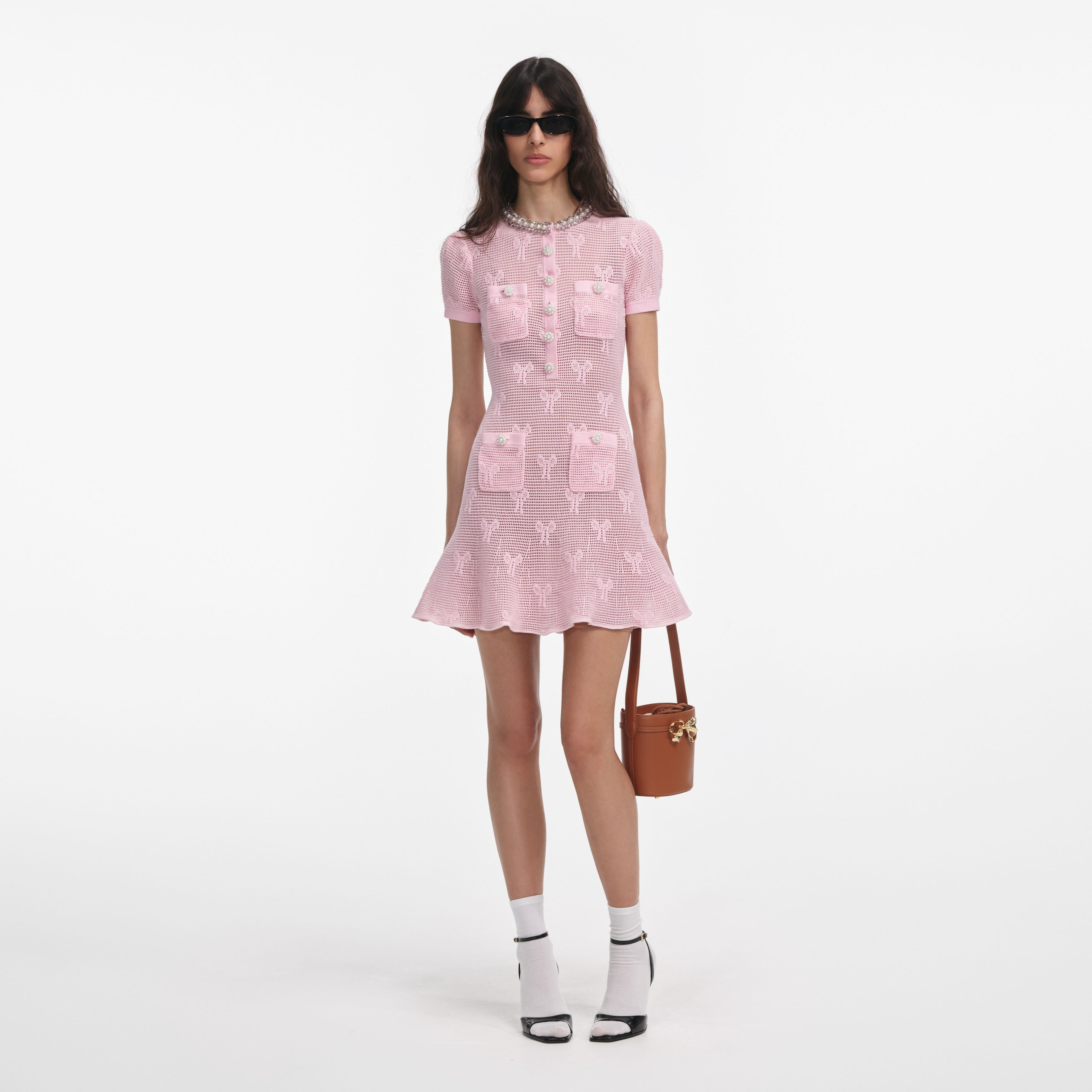 Pink Bow Crochet Crystal Trim Mini Dress