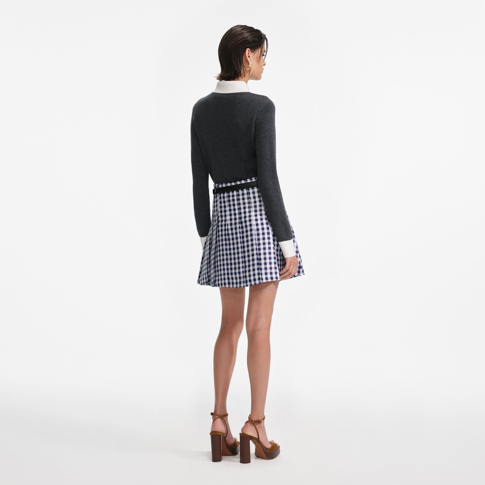Back view of a woman wearing the Grey Contrast Collar Cardigan