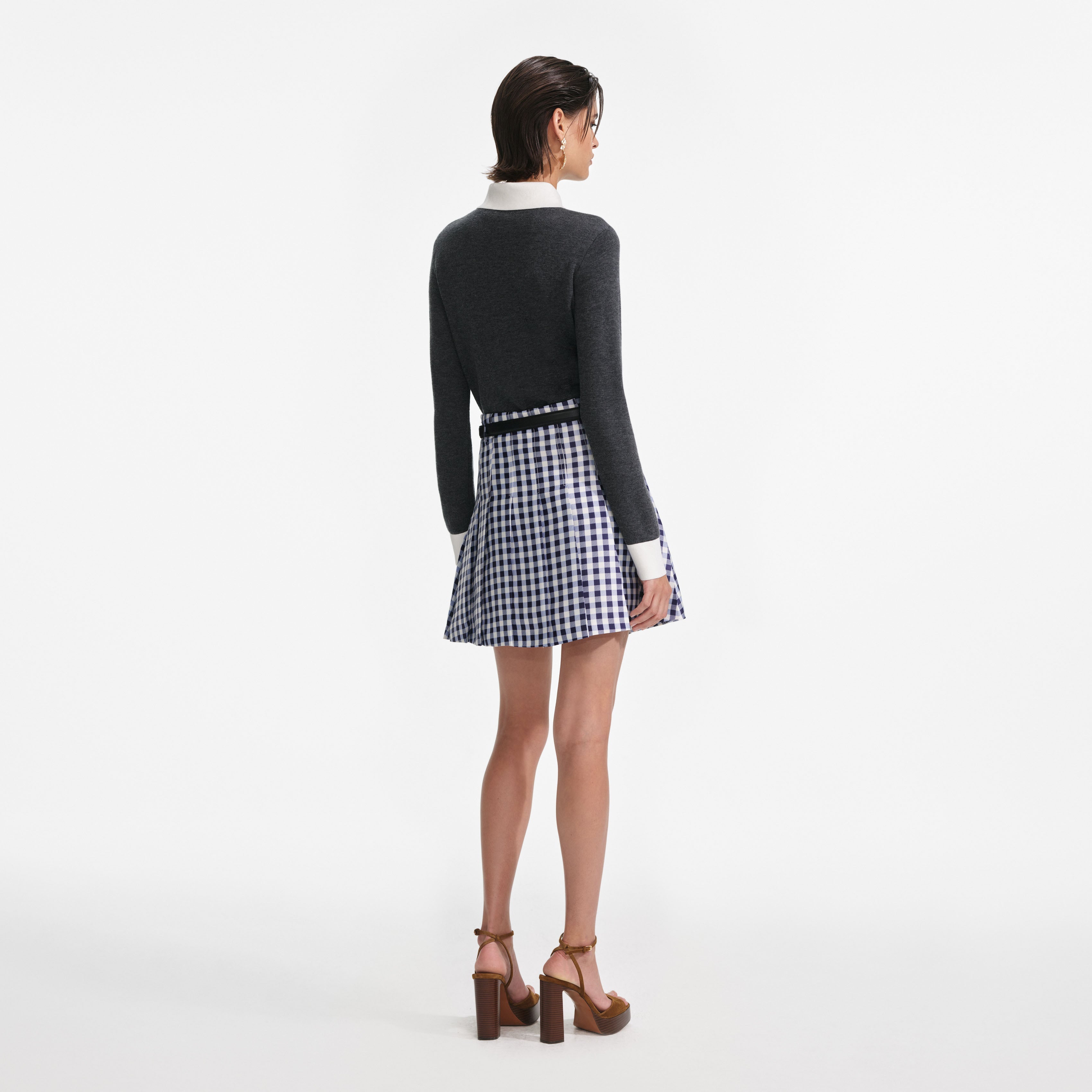 Navy Gingham Pleated Taffeta Mini Skirt