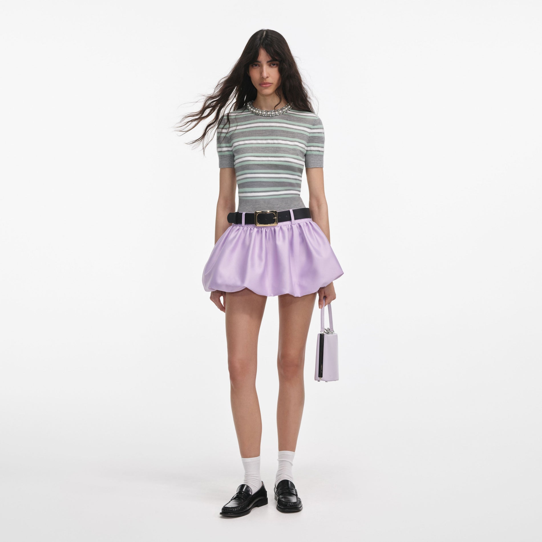 Front view of a woman wearing the Grey Striped Crystal Trim Knit Top