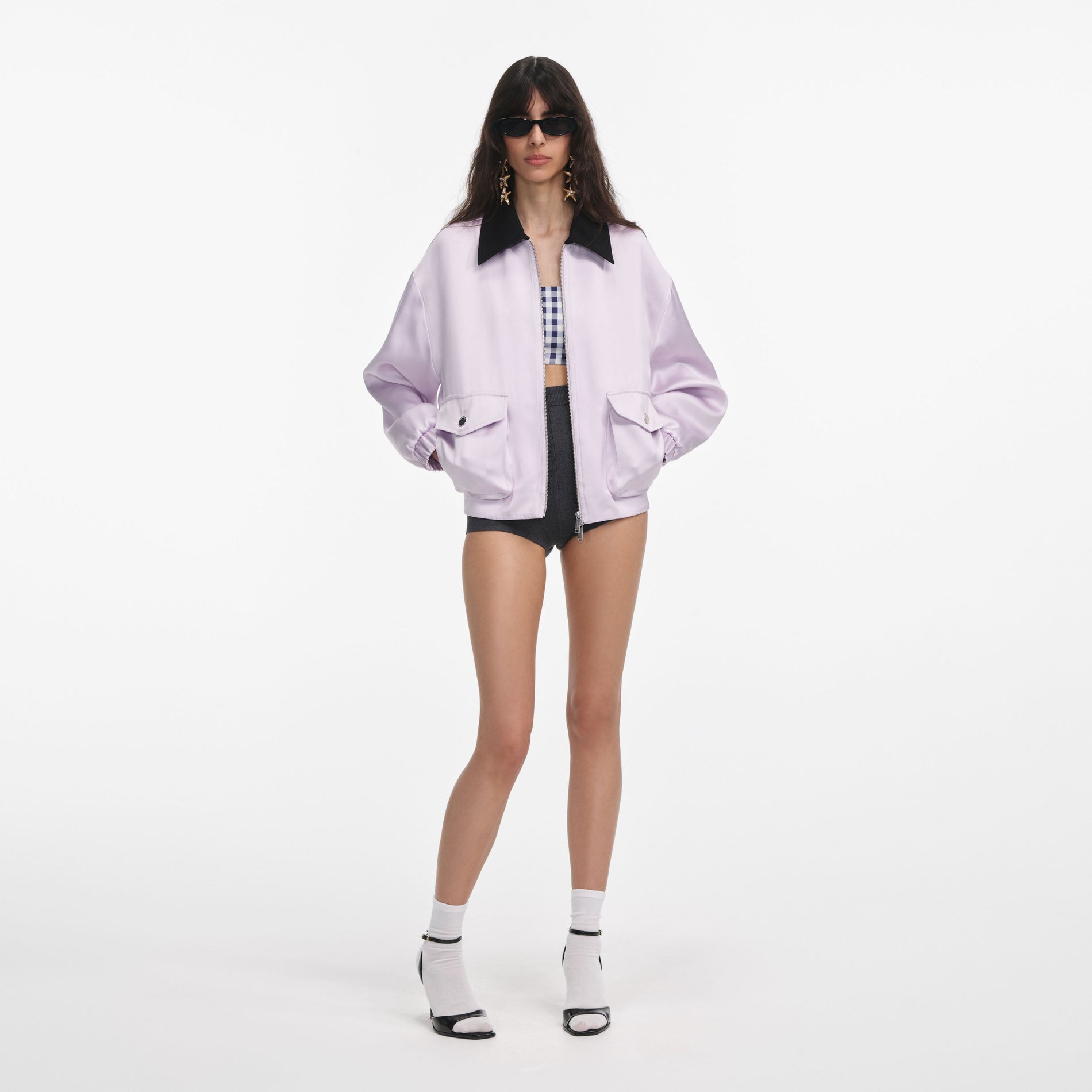 Front view of a woman wearing the Lilac Viscose Jacket