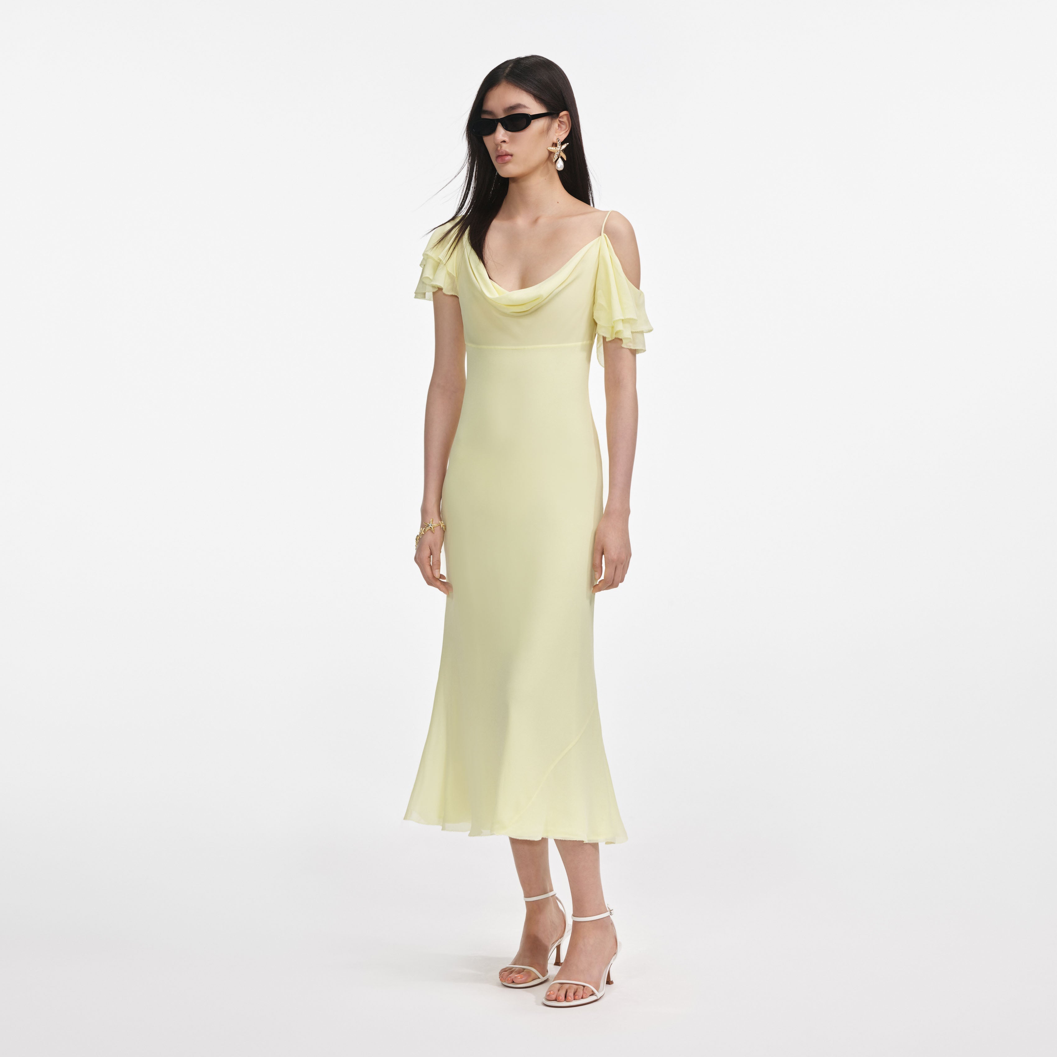 Yellow Georgette Frill Midi Dress