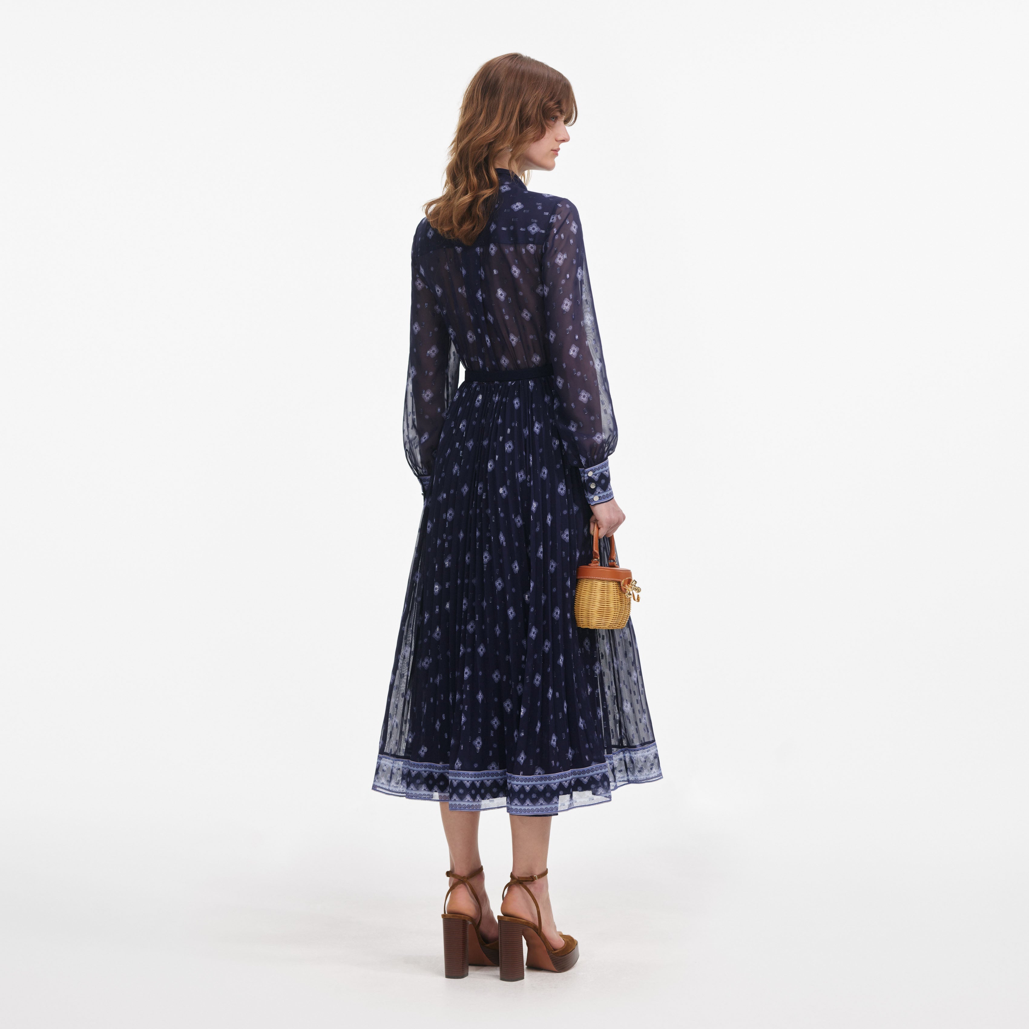 Navy Printed Chiffon Midi Dress