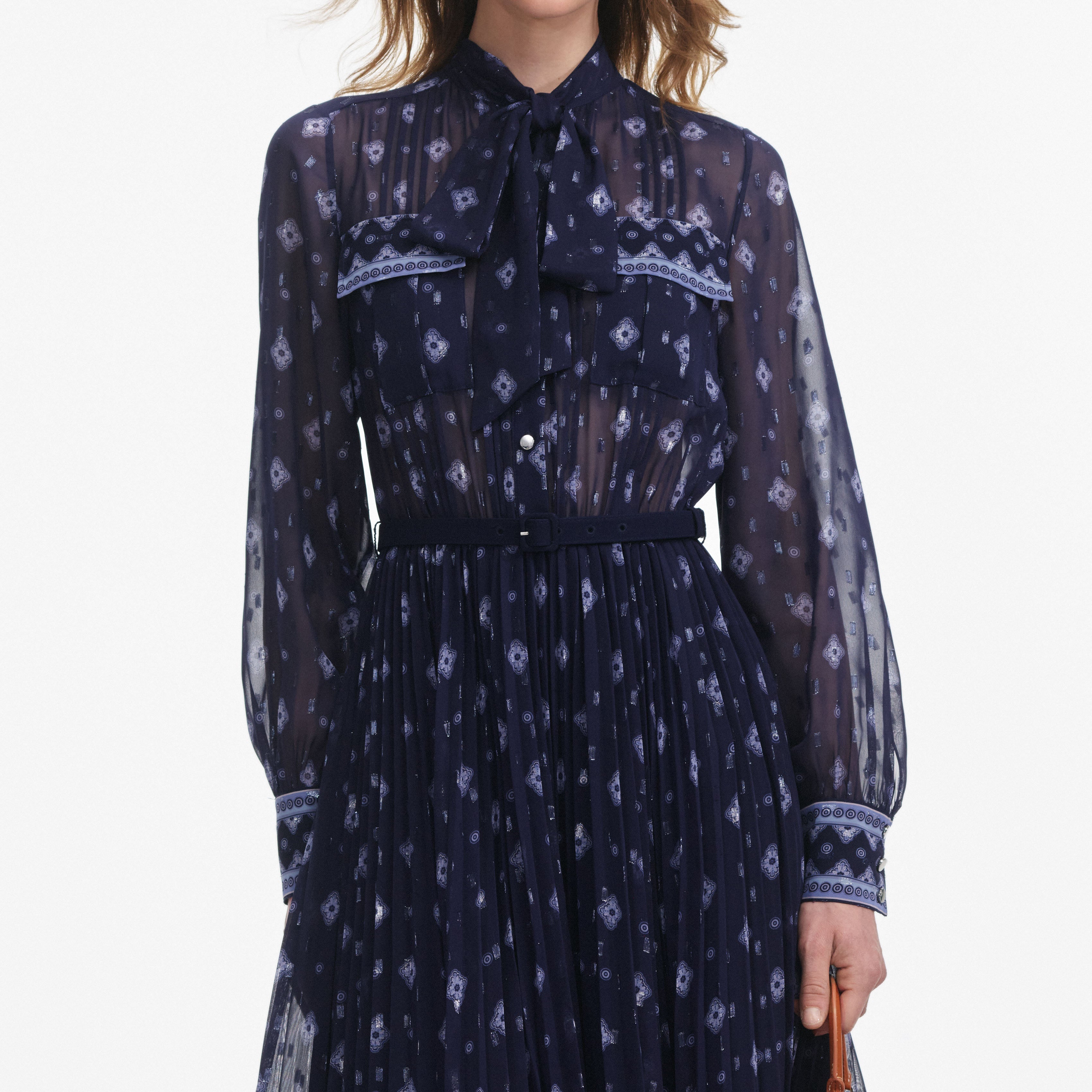 Navy Printed Chiffon Midi Dress
