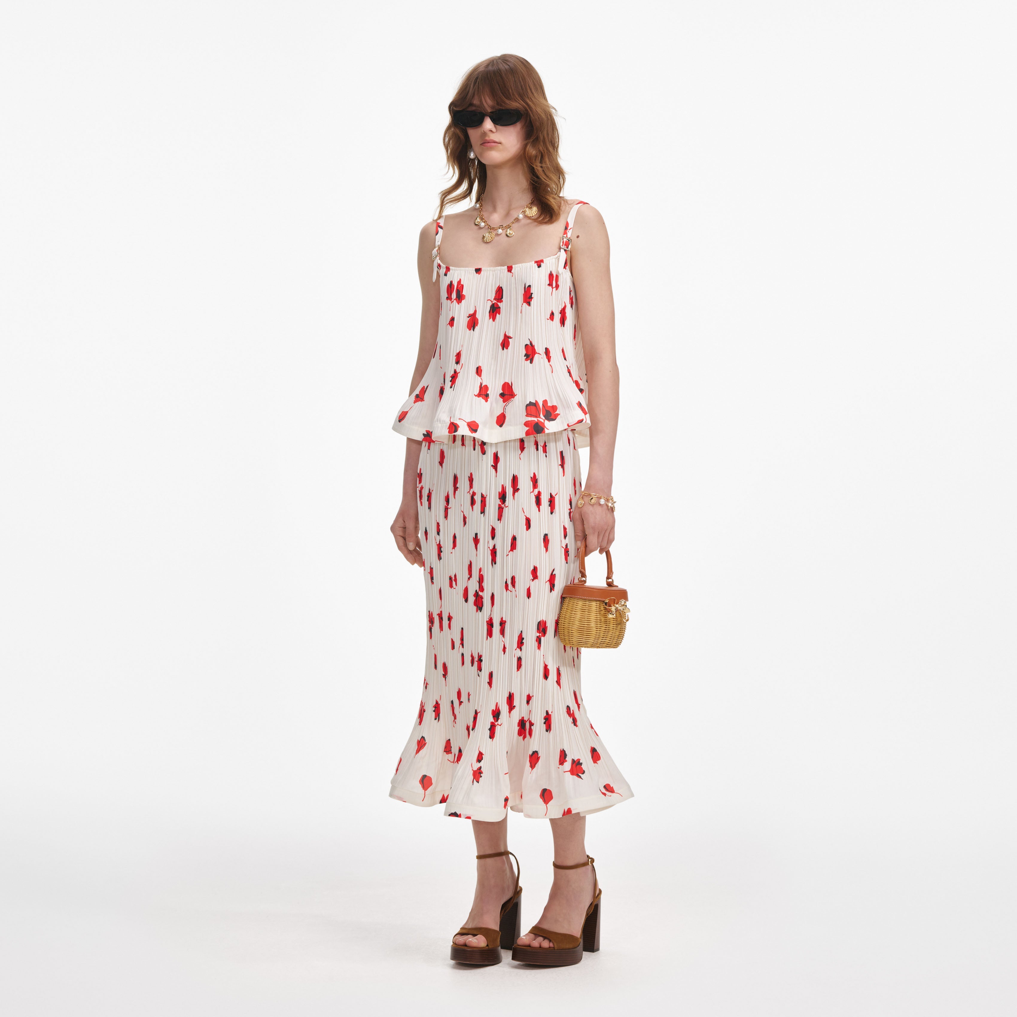 White Floral Plisse Midi Skirt