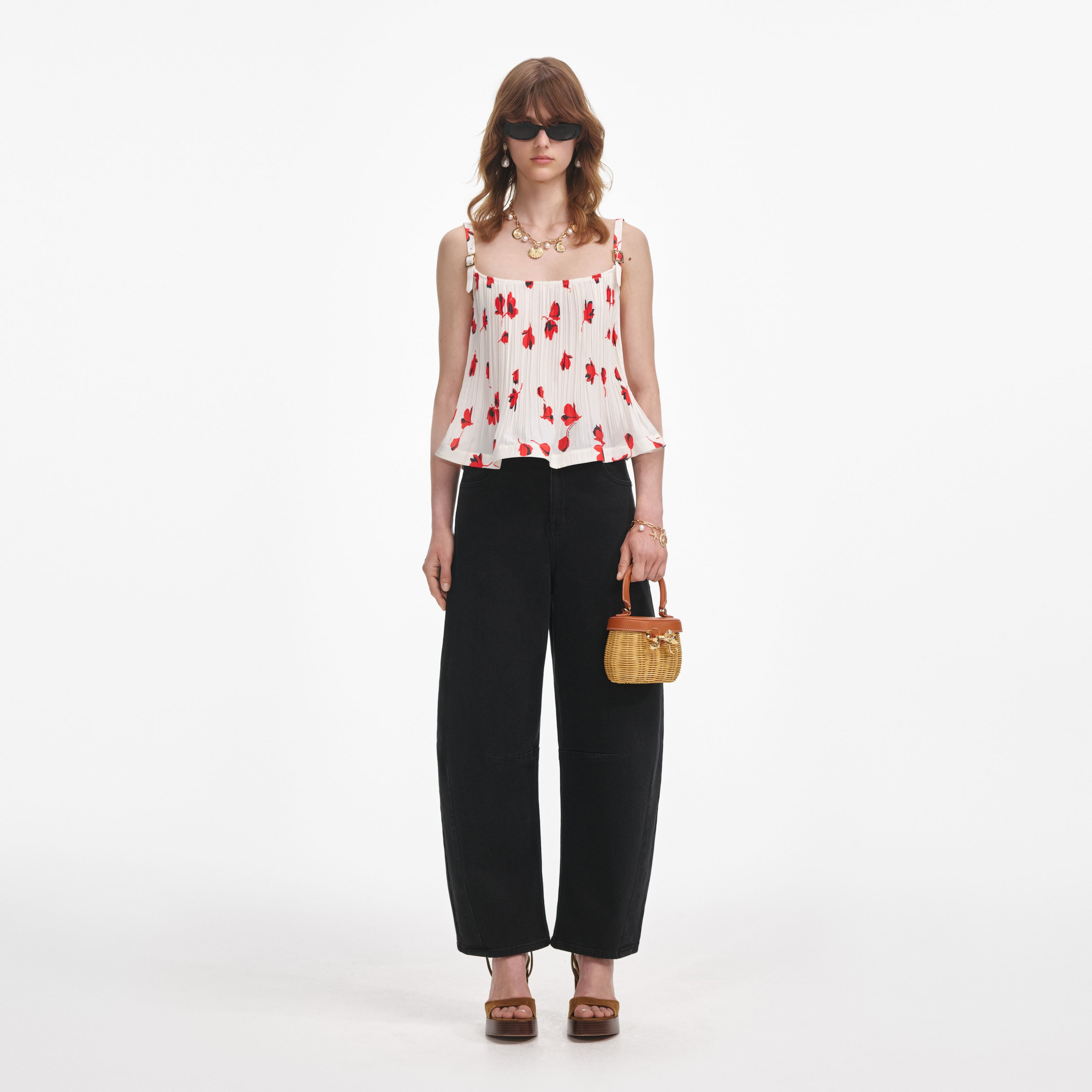 White Floral Plisse Top