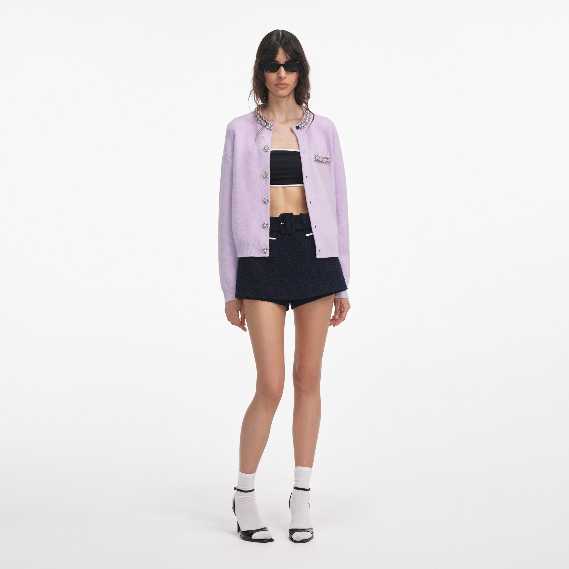 Front view of a woman wearing the Lilac Crystal Trim Cardigan