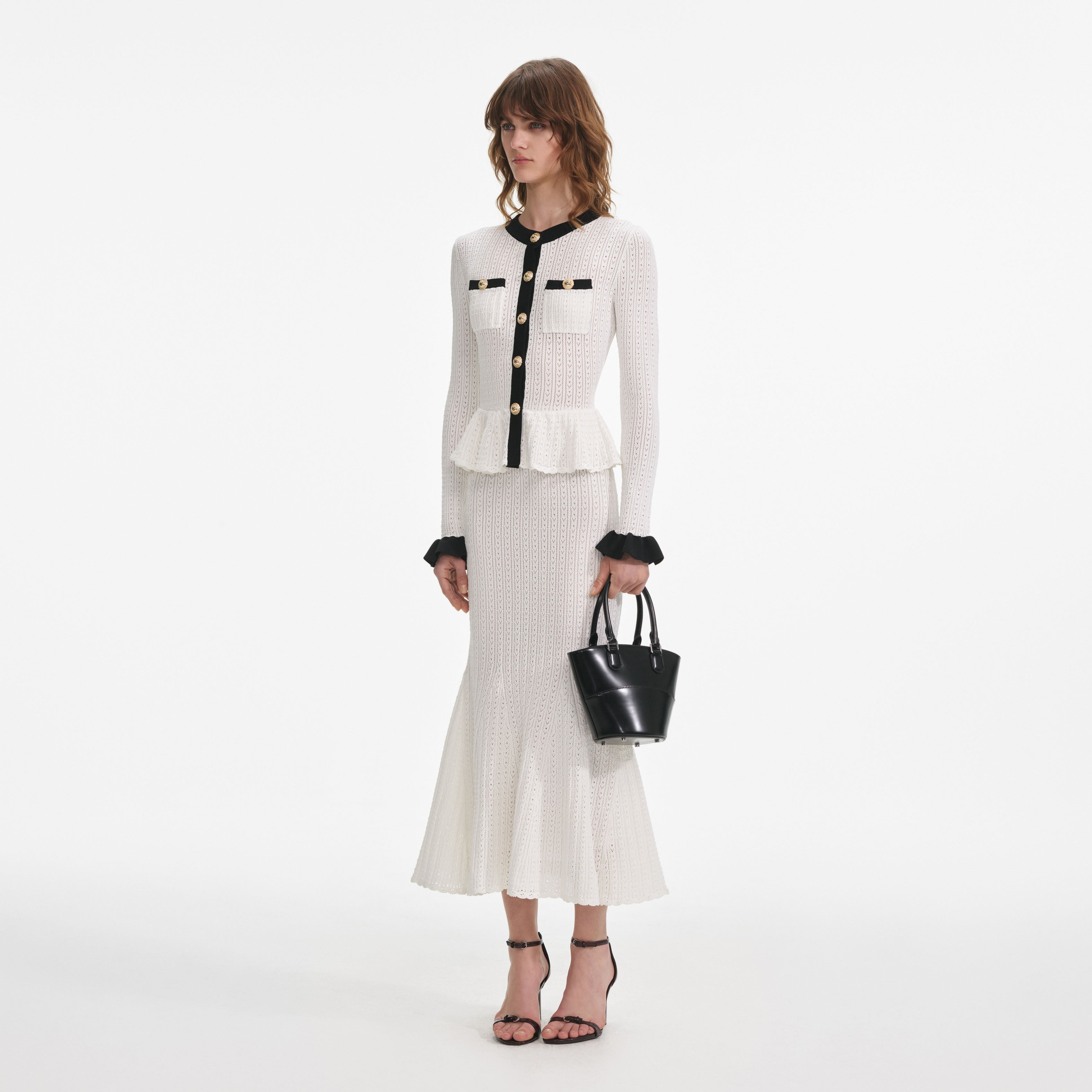 White Pointelle Knit Contrast Midi Dress