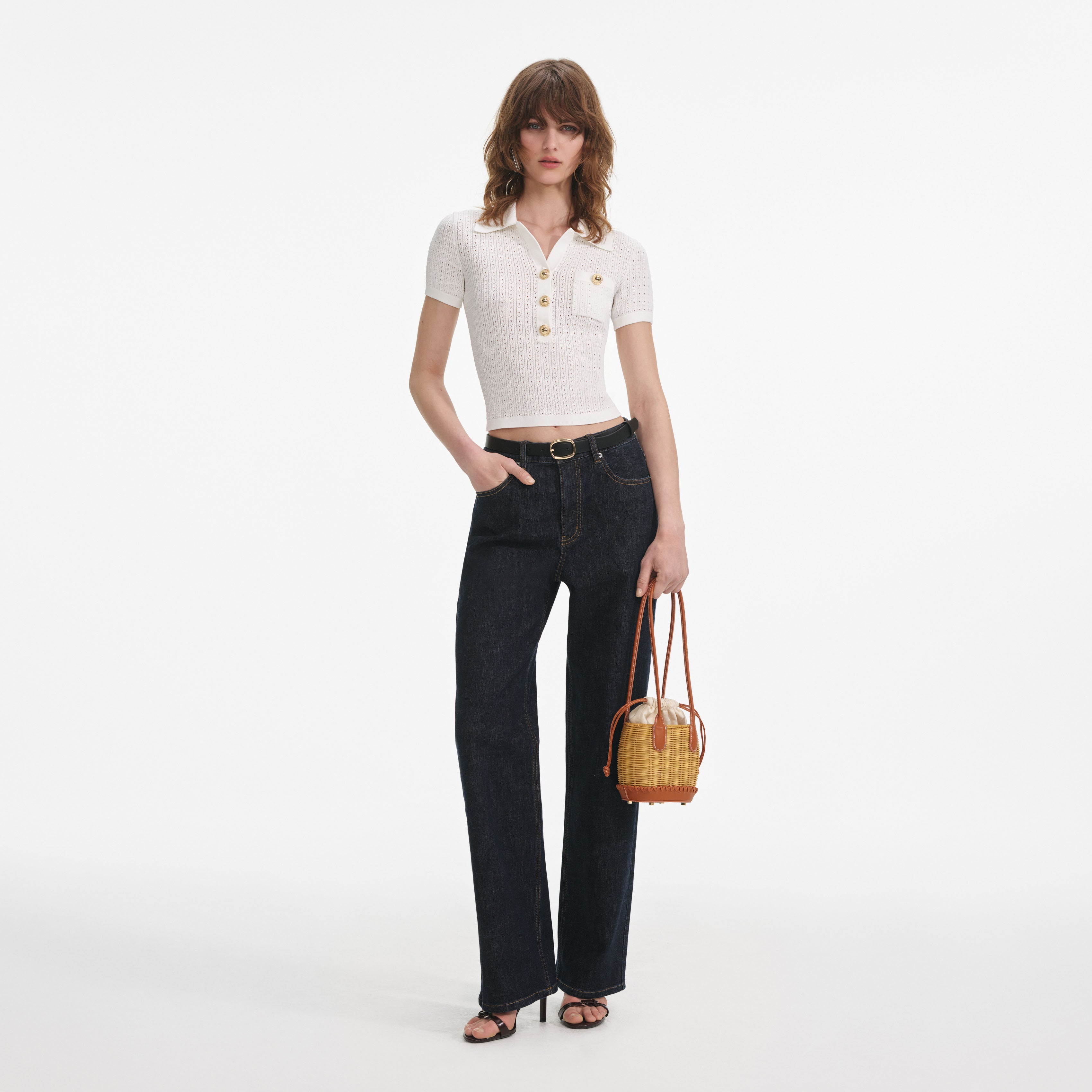 White Pointelle Collared Knit Top