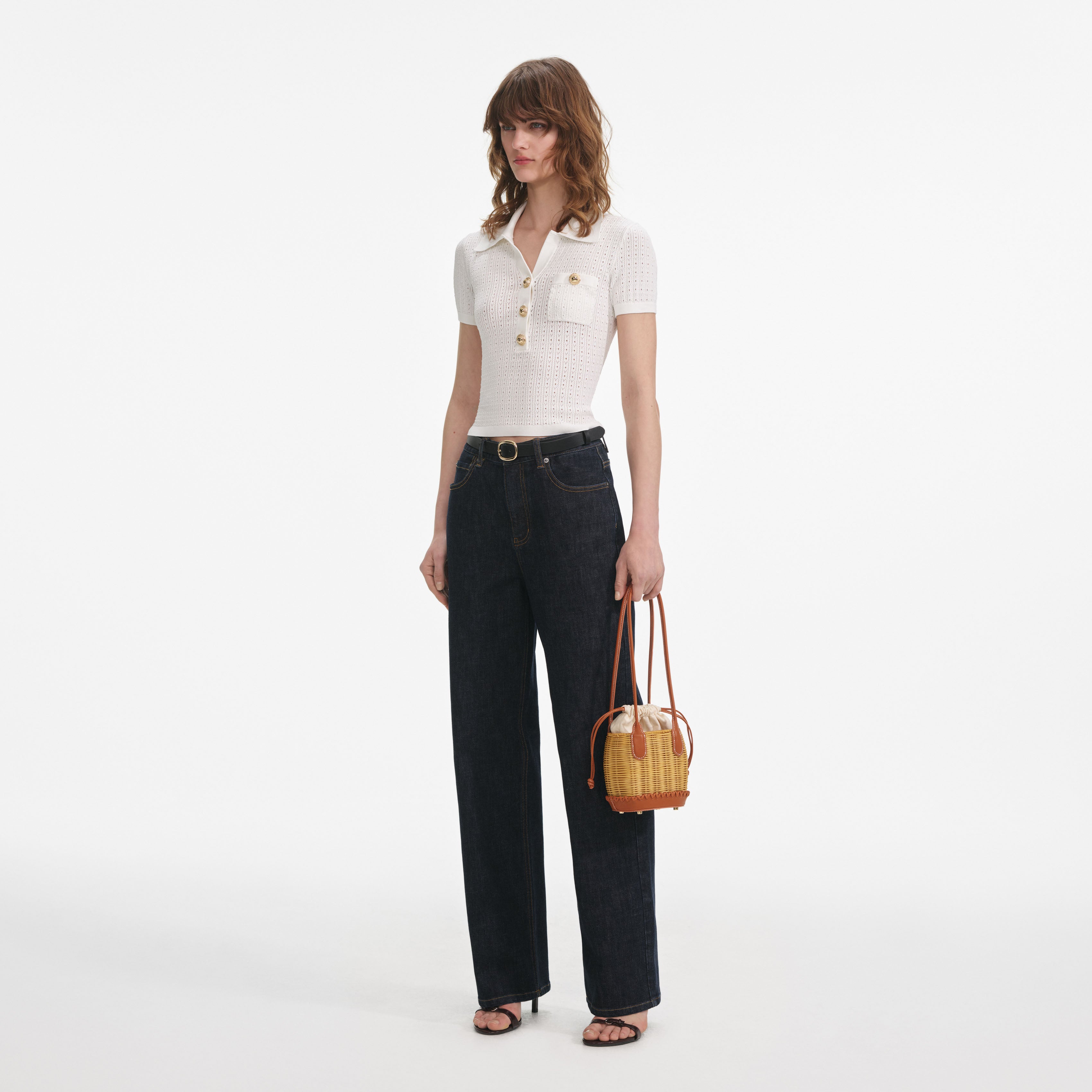White Pointelle Collared Knit Top