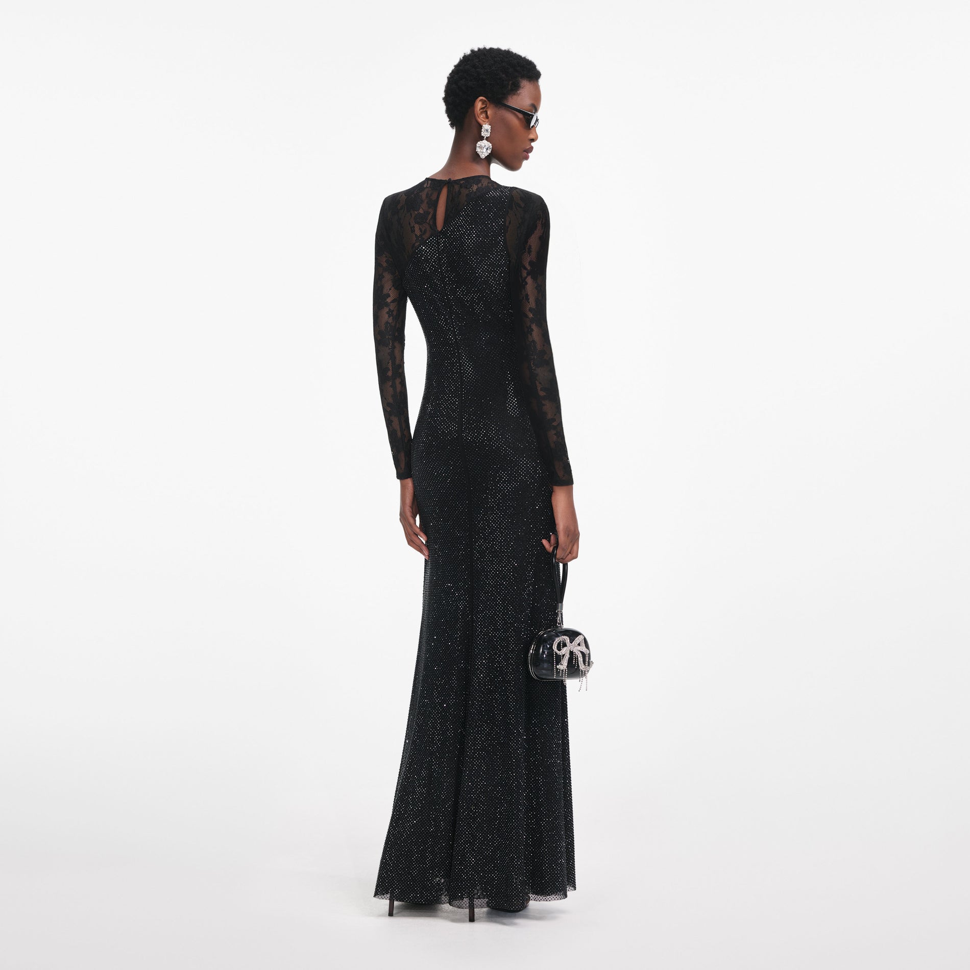 Black Rhinestone Lace Sleeves Maxi Dress