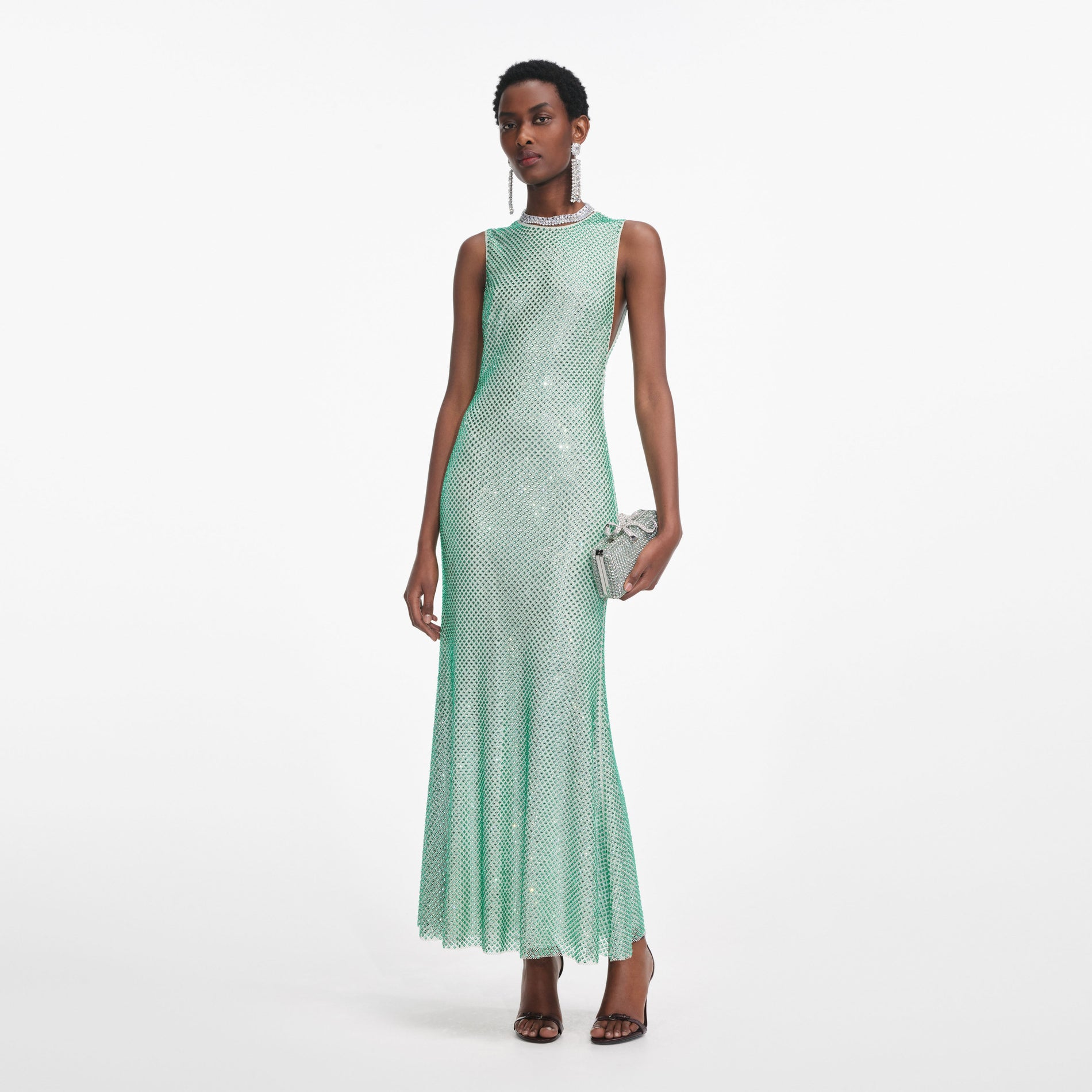 Front view of a woman wearing the Mint Rhinestone Mesh Midi Dress