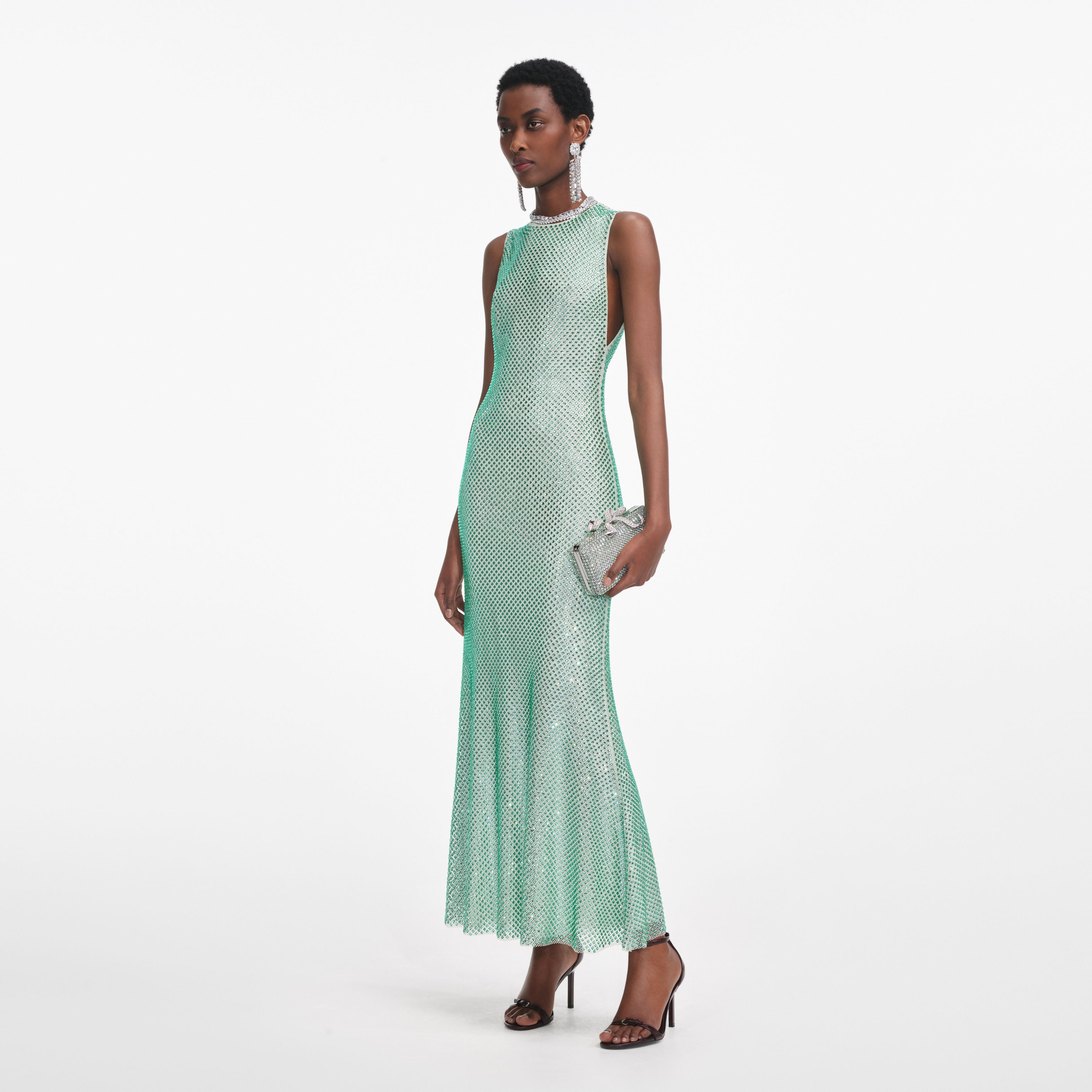 Mint Rhinestone Mesh Midi Dress