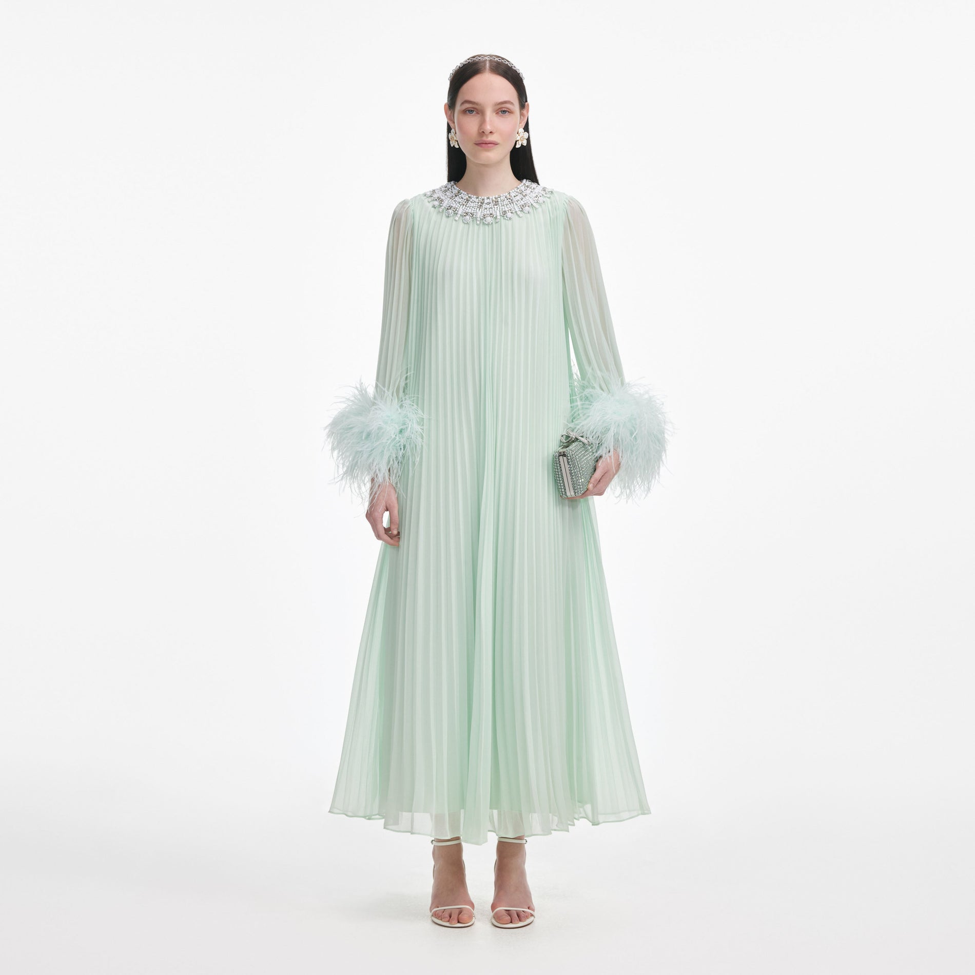 Front view of a woman wearing the Mint Chiffon Feather Midi Dress