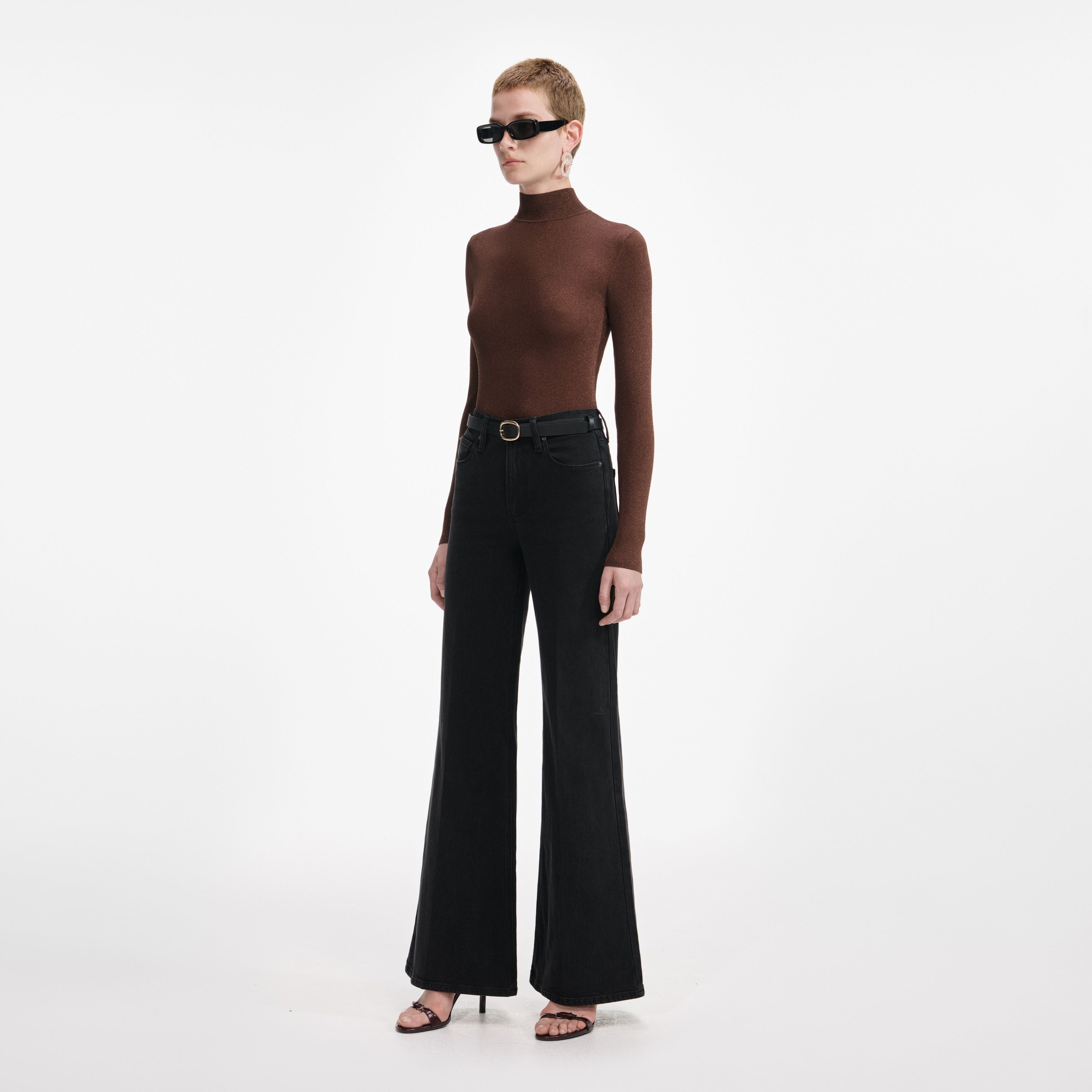 Brown Metallic Viscose Knit Top
