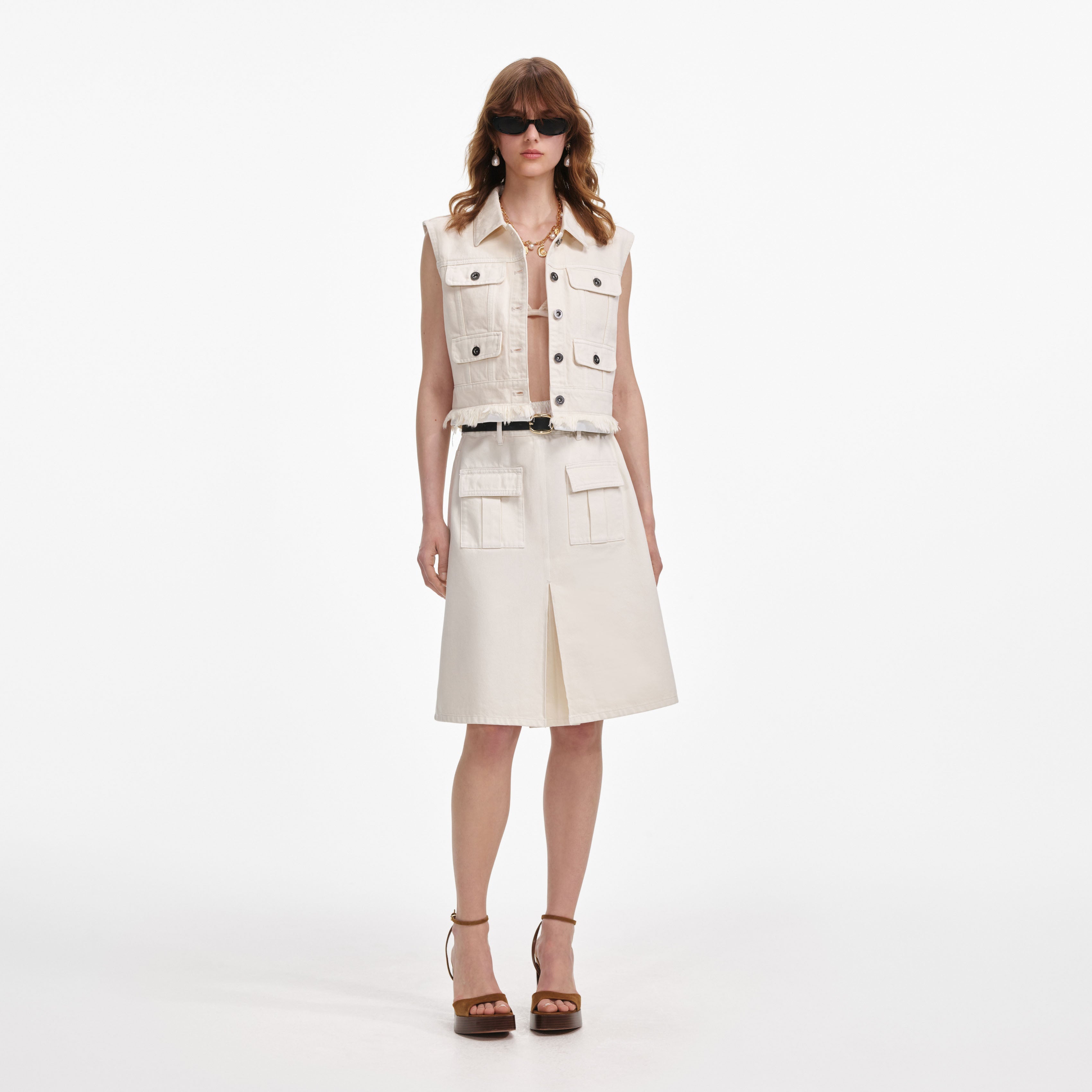Cream Denim Sleeveless Top