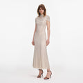 Champagne Rhinestone Mesh Cut Out Midi Dress