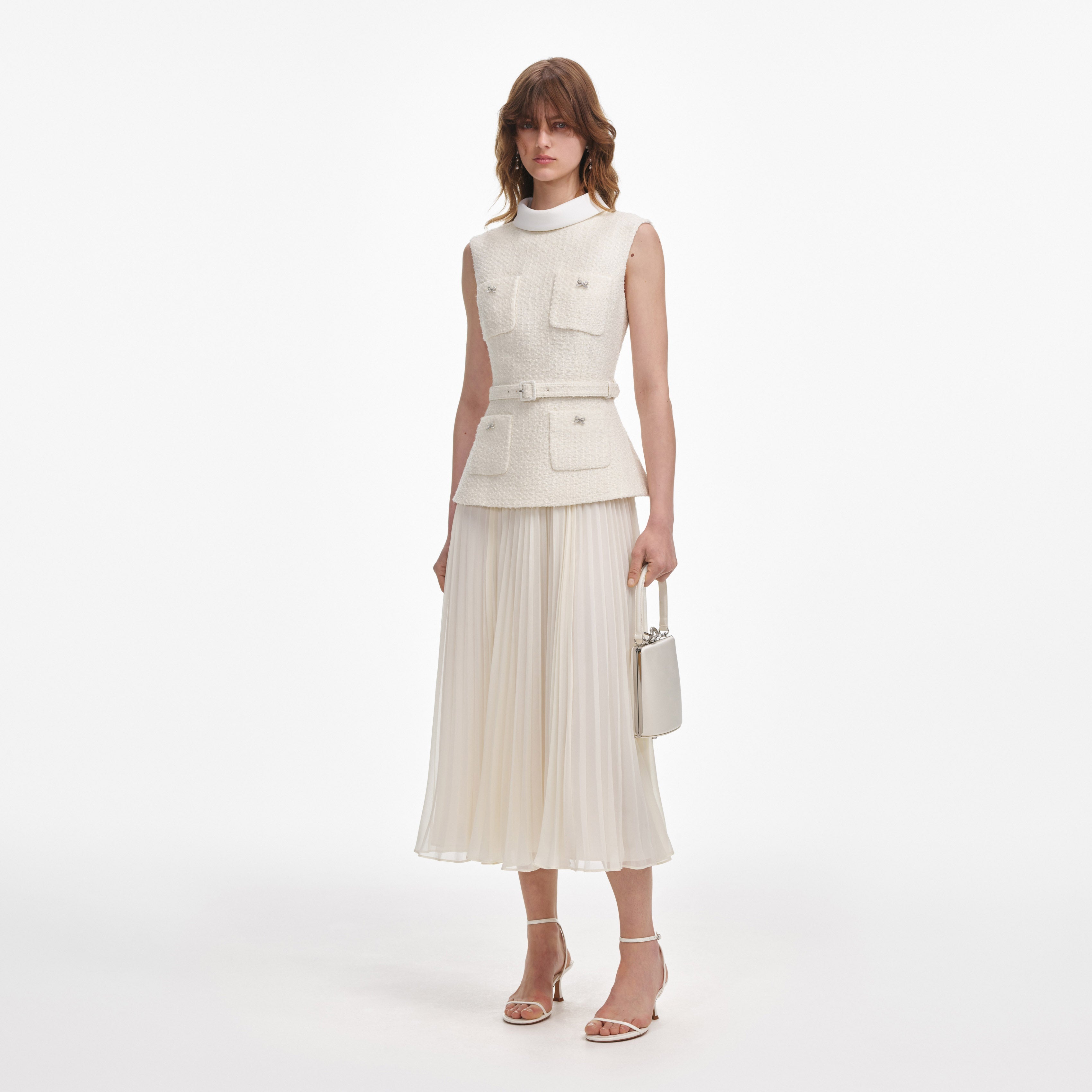 Cream Boucle Sleeveless Midi Dress
