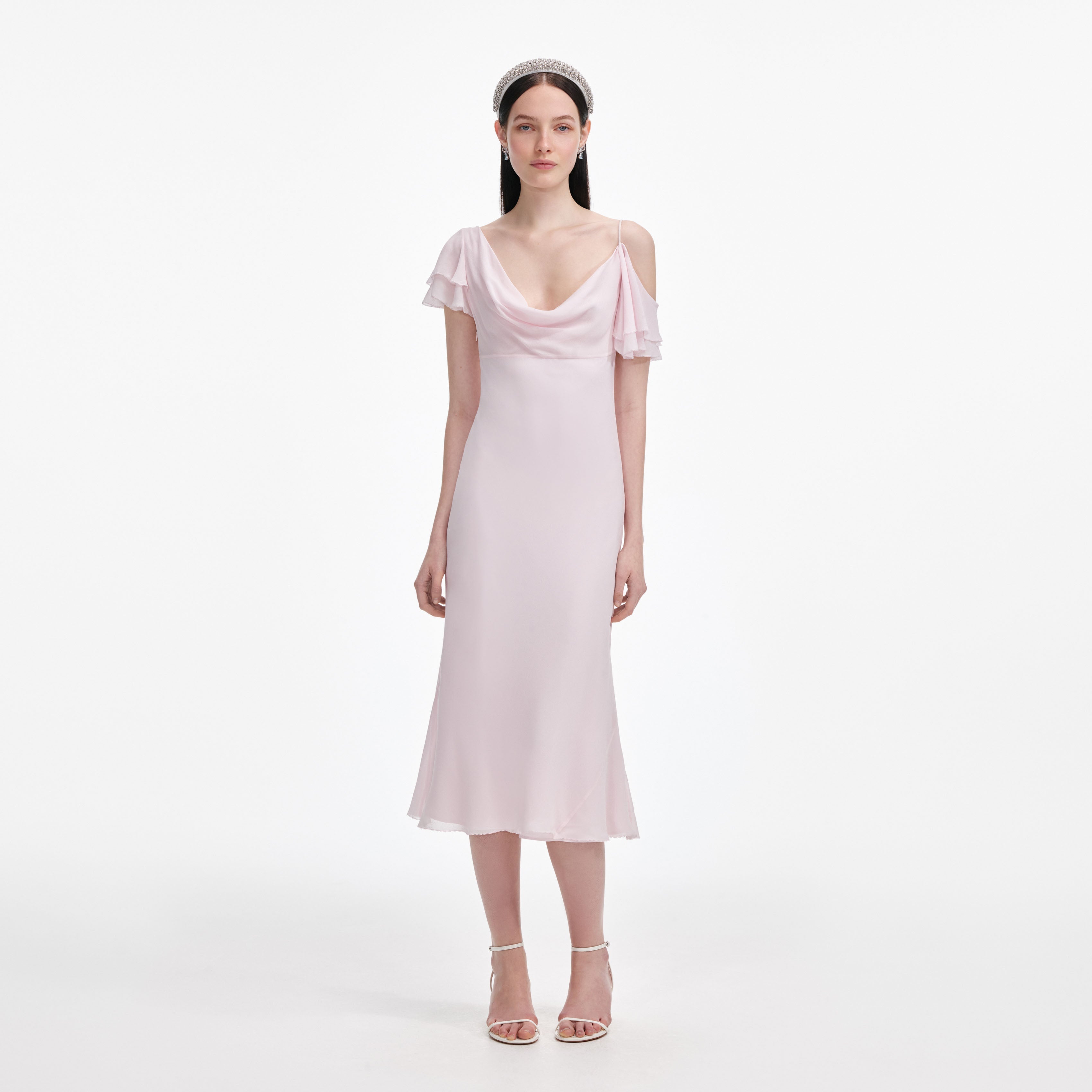 Pink Georgette Frill Midi Dress