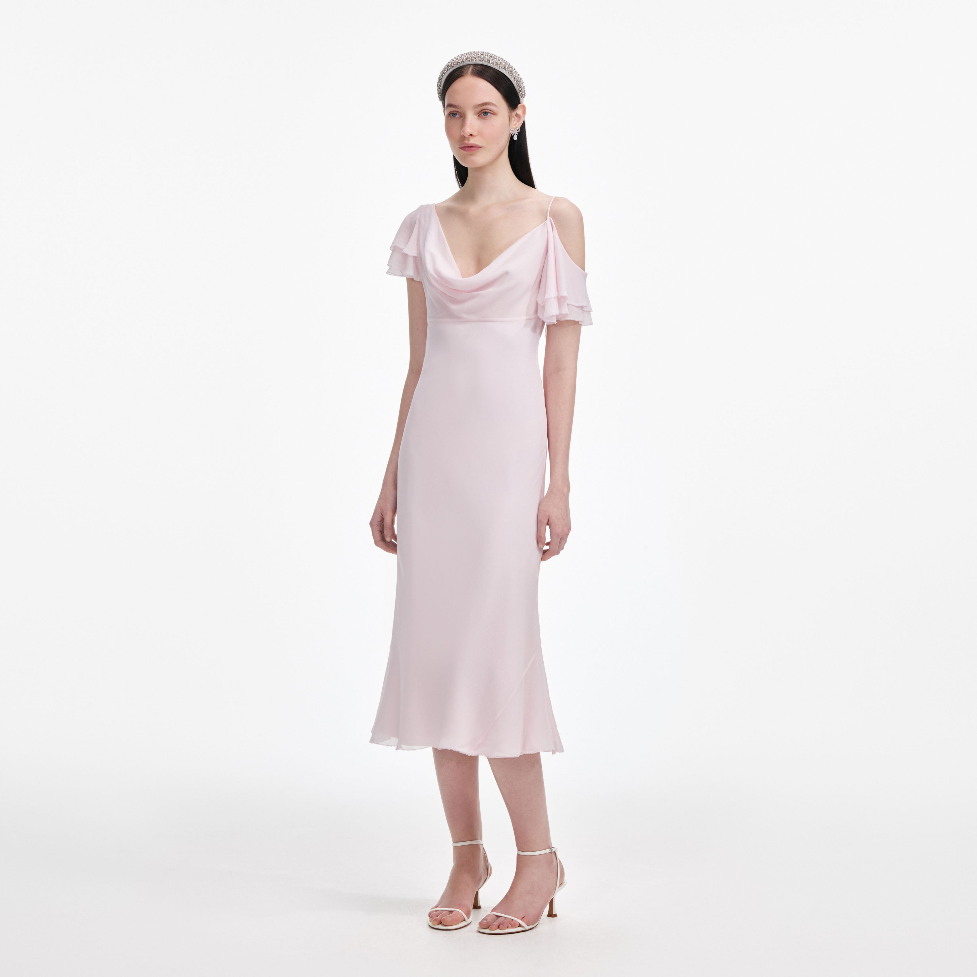 Pink Georgette Frill Midi Dress