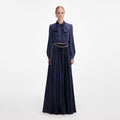 Navy Satin Tie Neck Maxi Dress