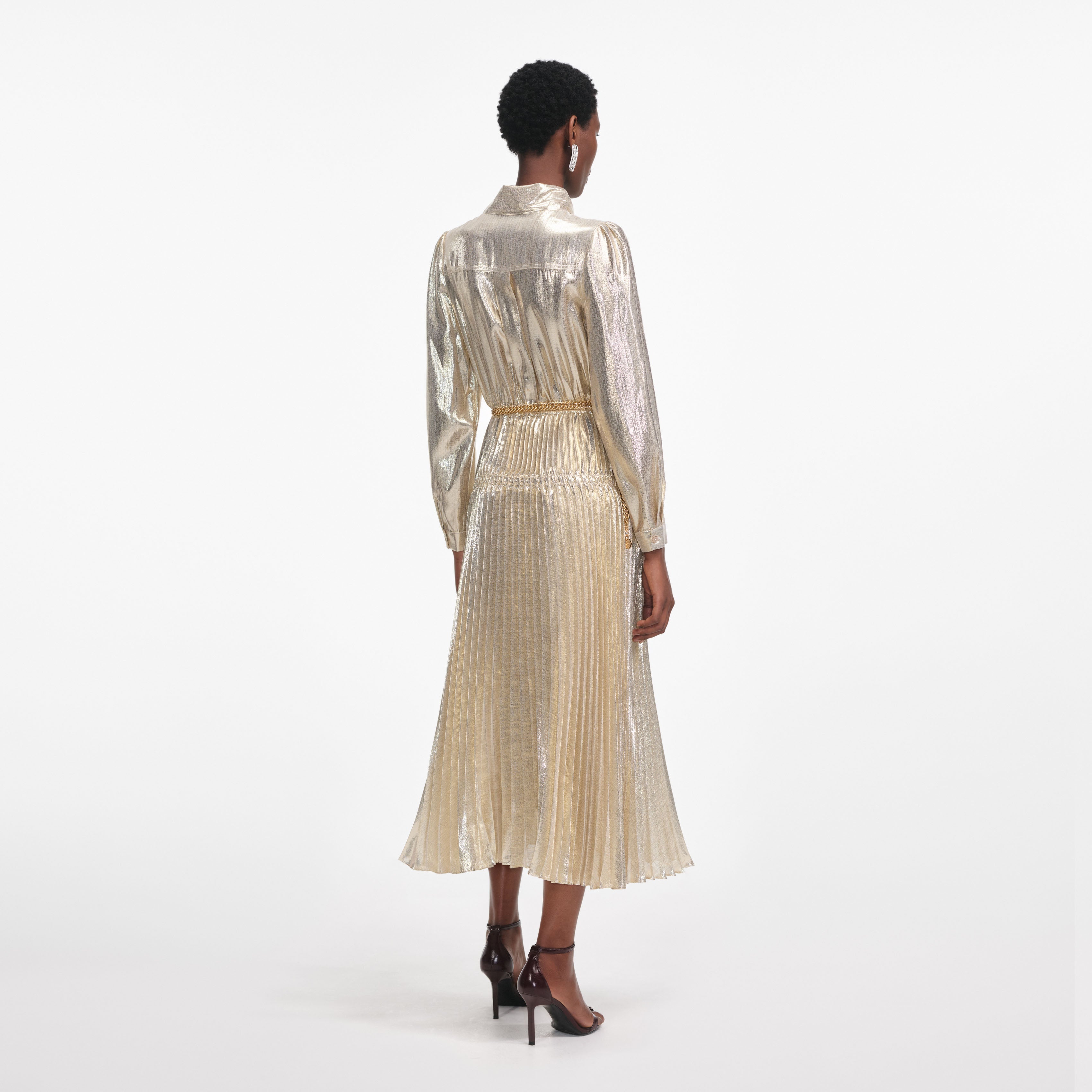 Gold Metallic Tie Neck Midi Dress