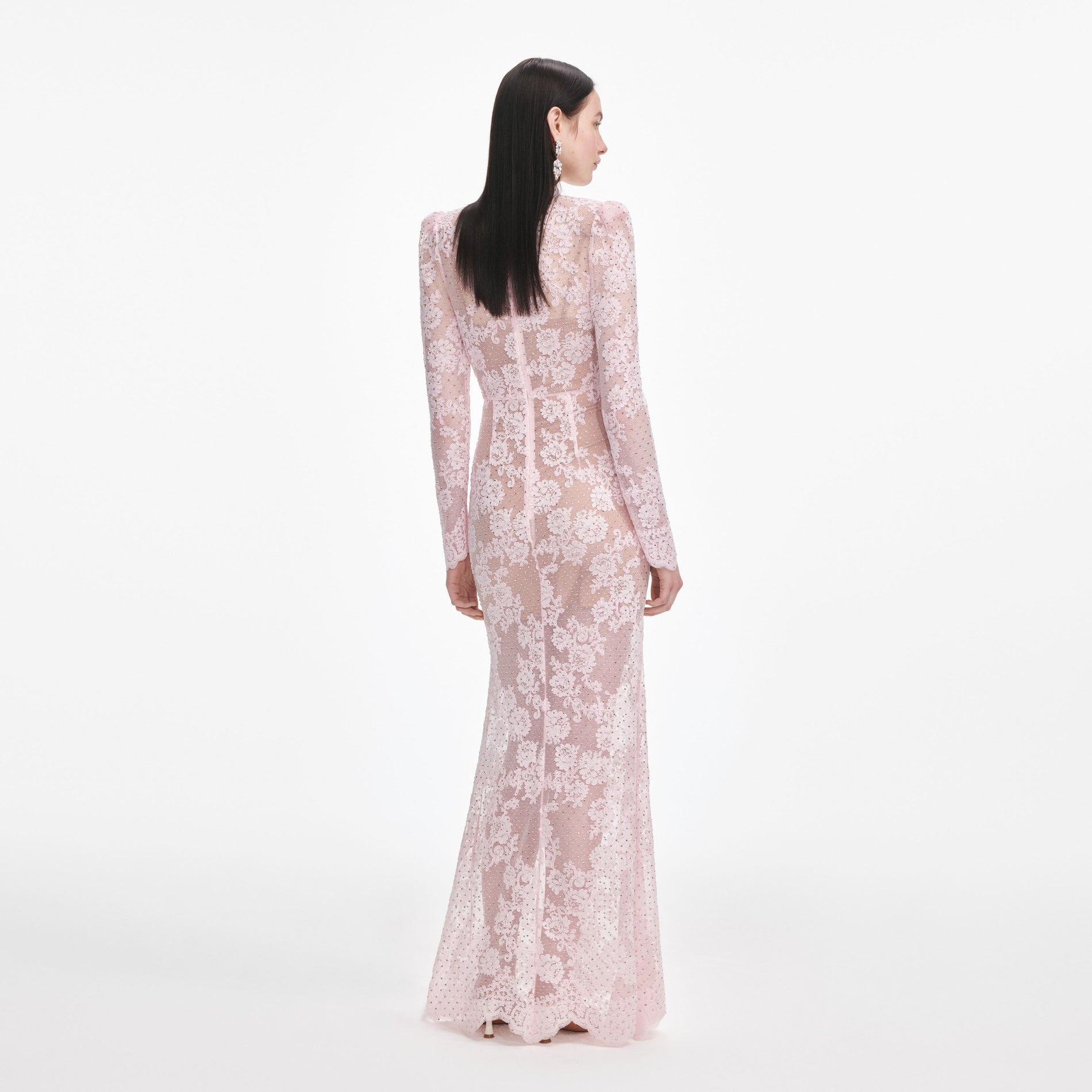 Back view of a woman wearing the Pale Pink Rhinestone Lace Maxi Dress