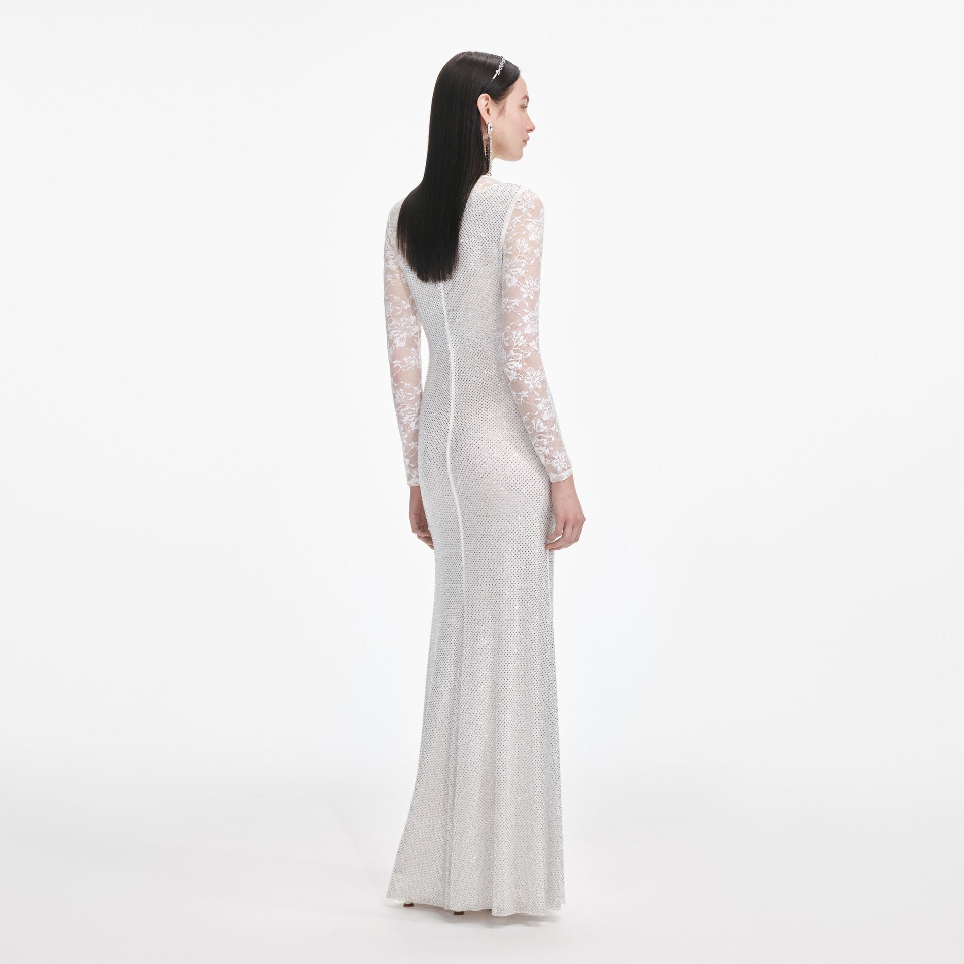 White Rhinestone Lace Sleeves Maxi Dress