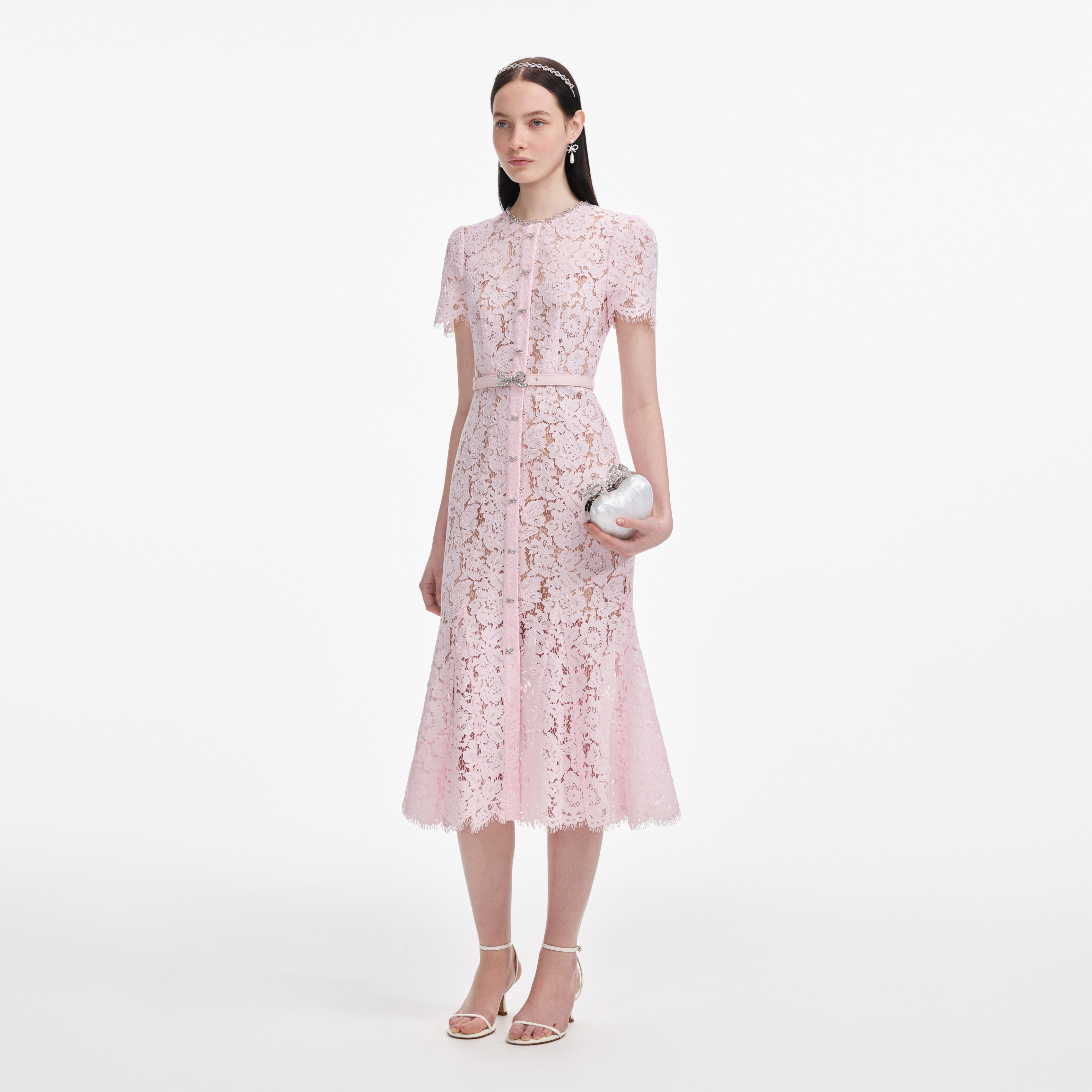 Pink Lace Bow Trim Midi Dress