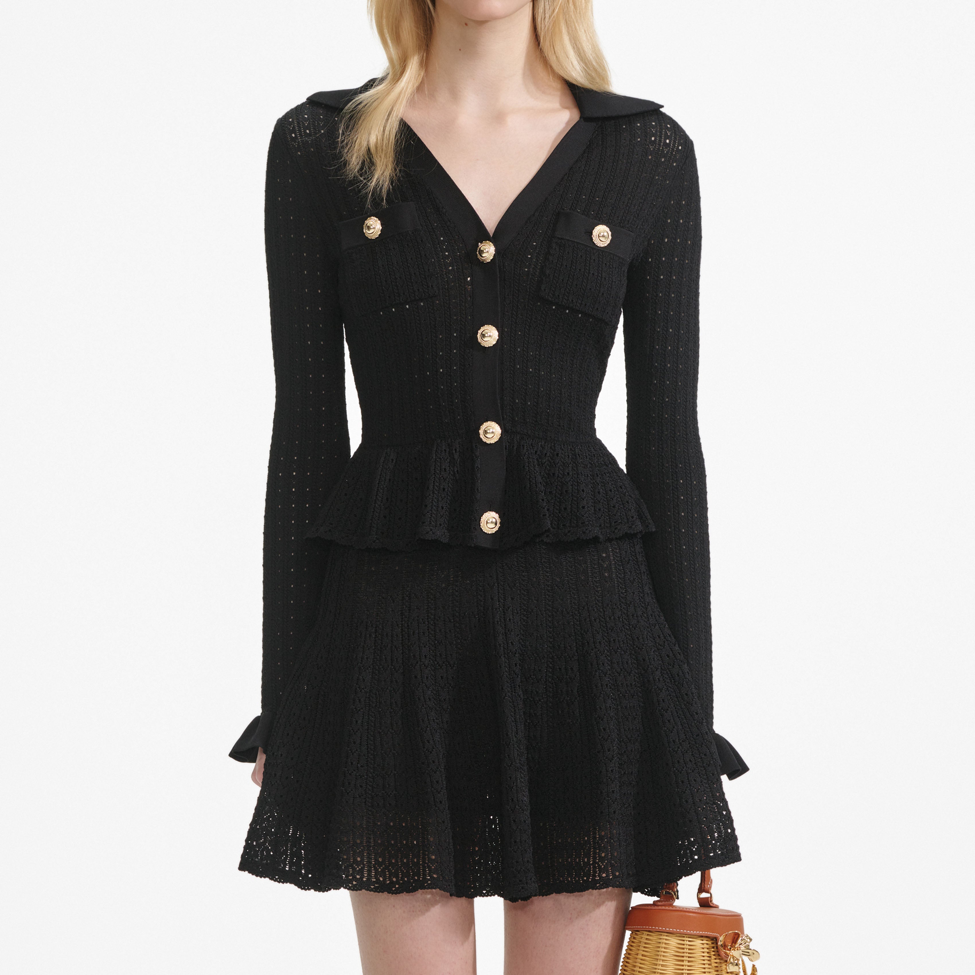 Black Pointelle V Neck Knit Mini Dress