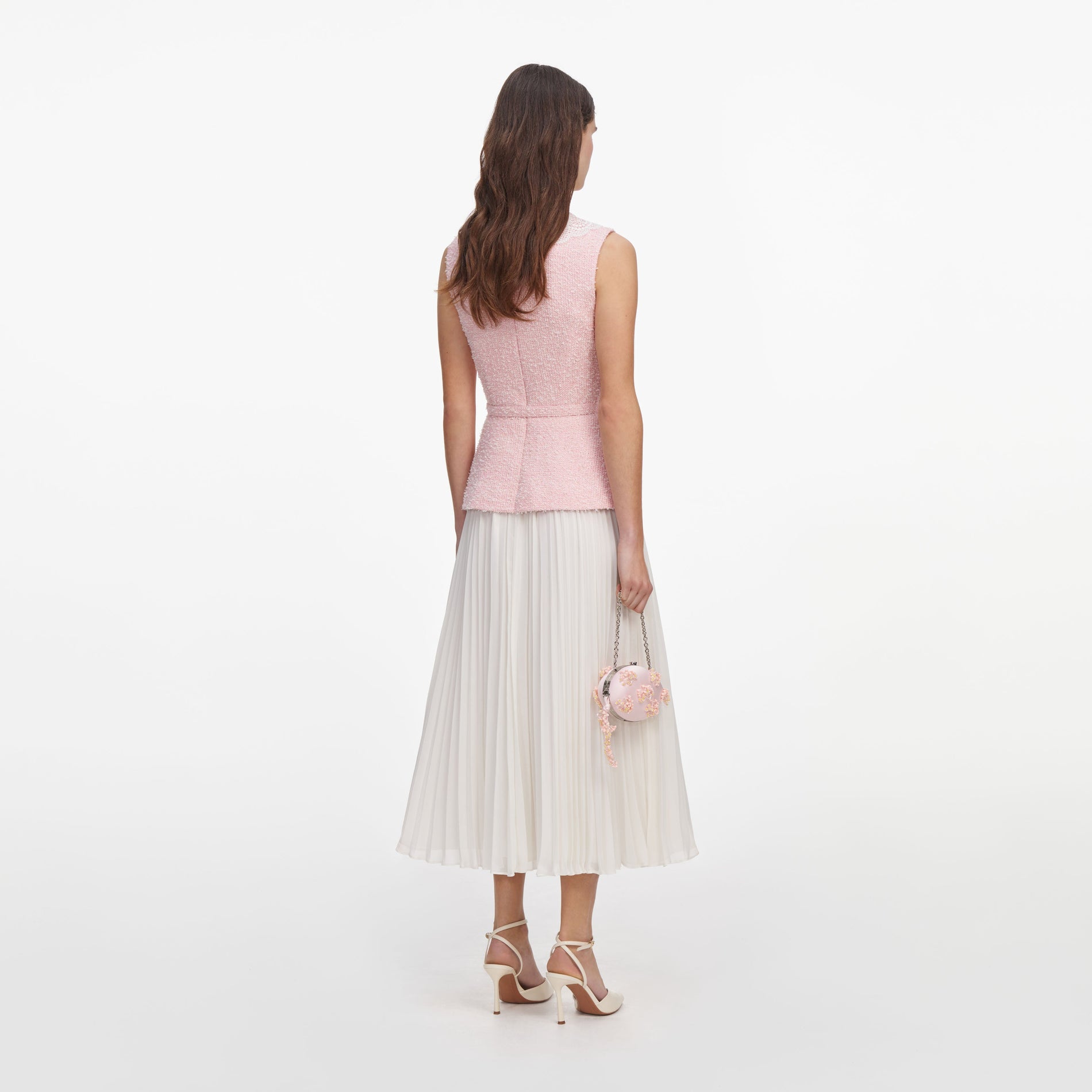 Back view of a woman wearing the Pink Boucle Lace Collar Midi Dress