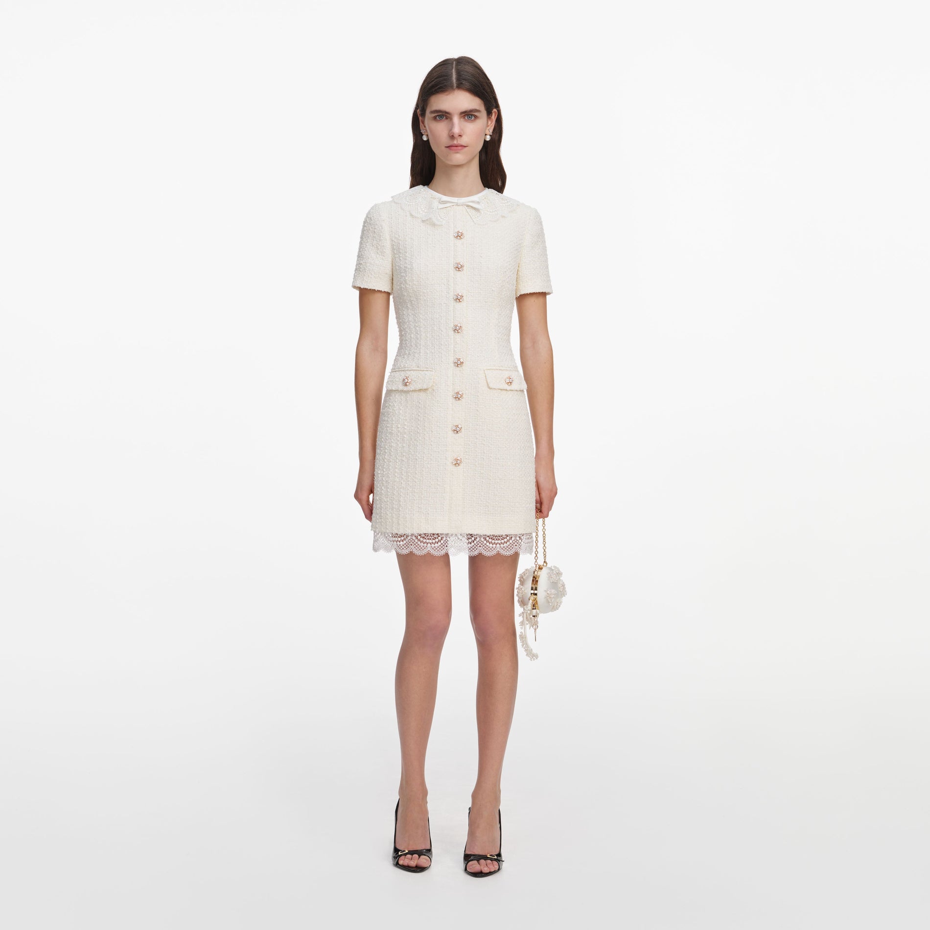 Front view of a woman wearing the Cream Boucle Lace Trim Mini Dress