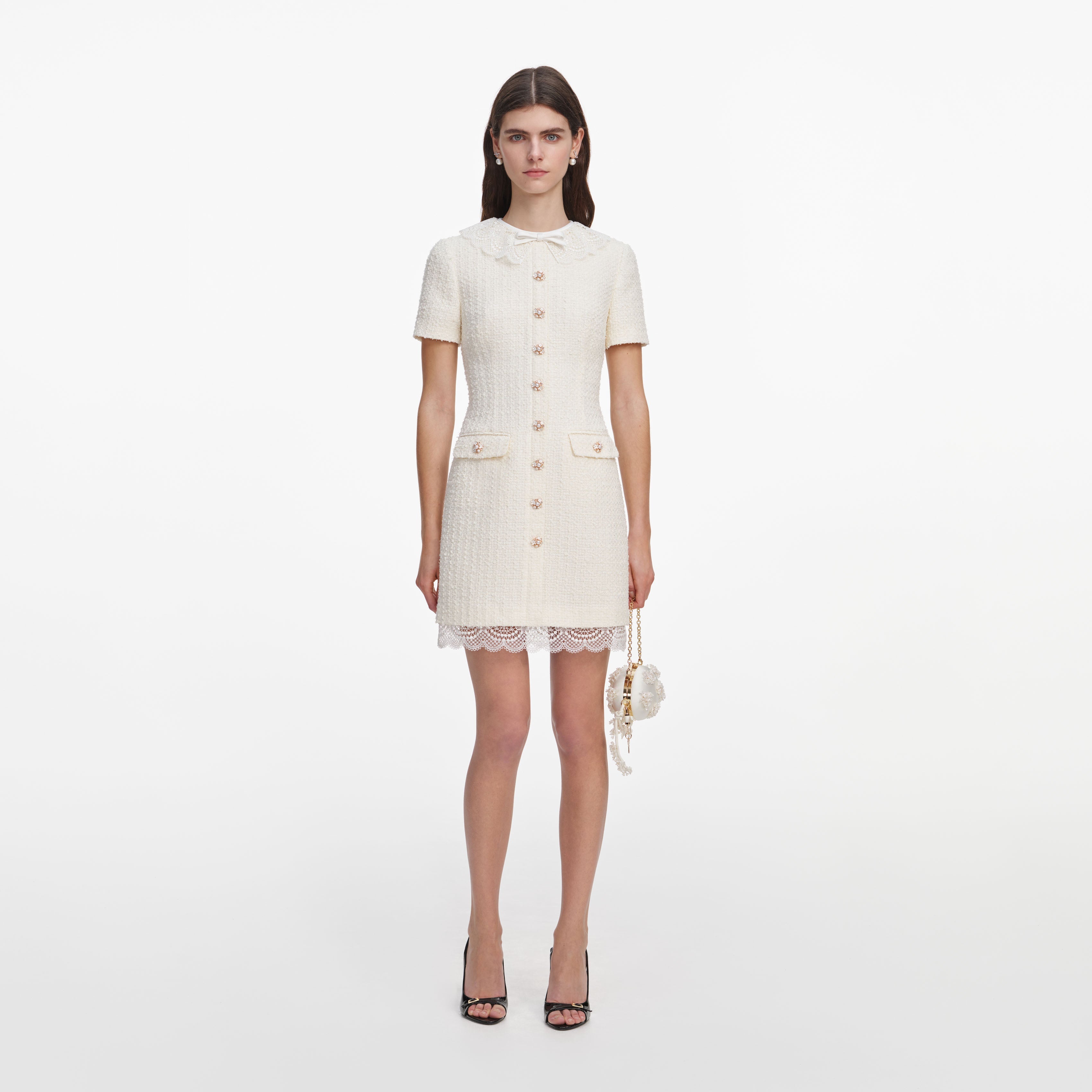 Cream Boucle Lace Trim Mini Dress