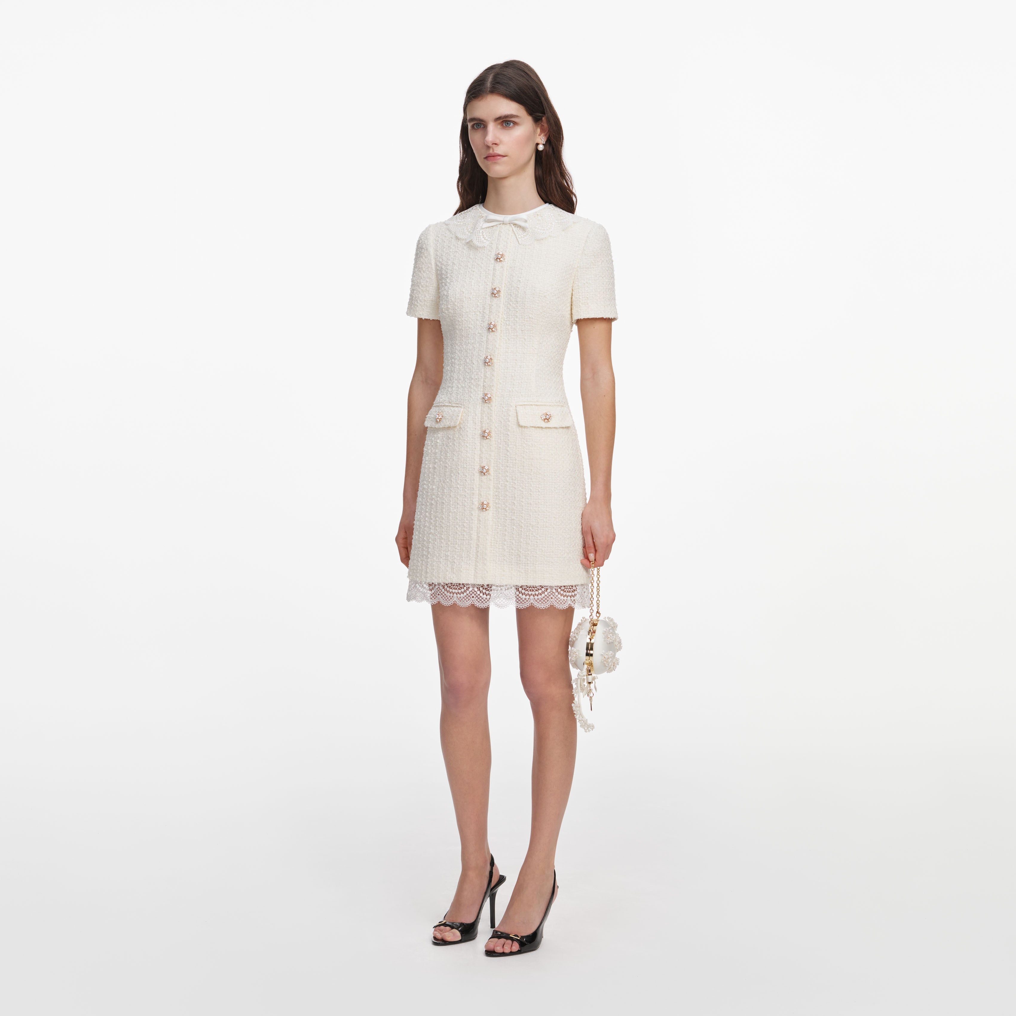 Cream Boucle Lace Trim Mini Dress