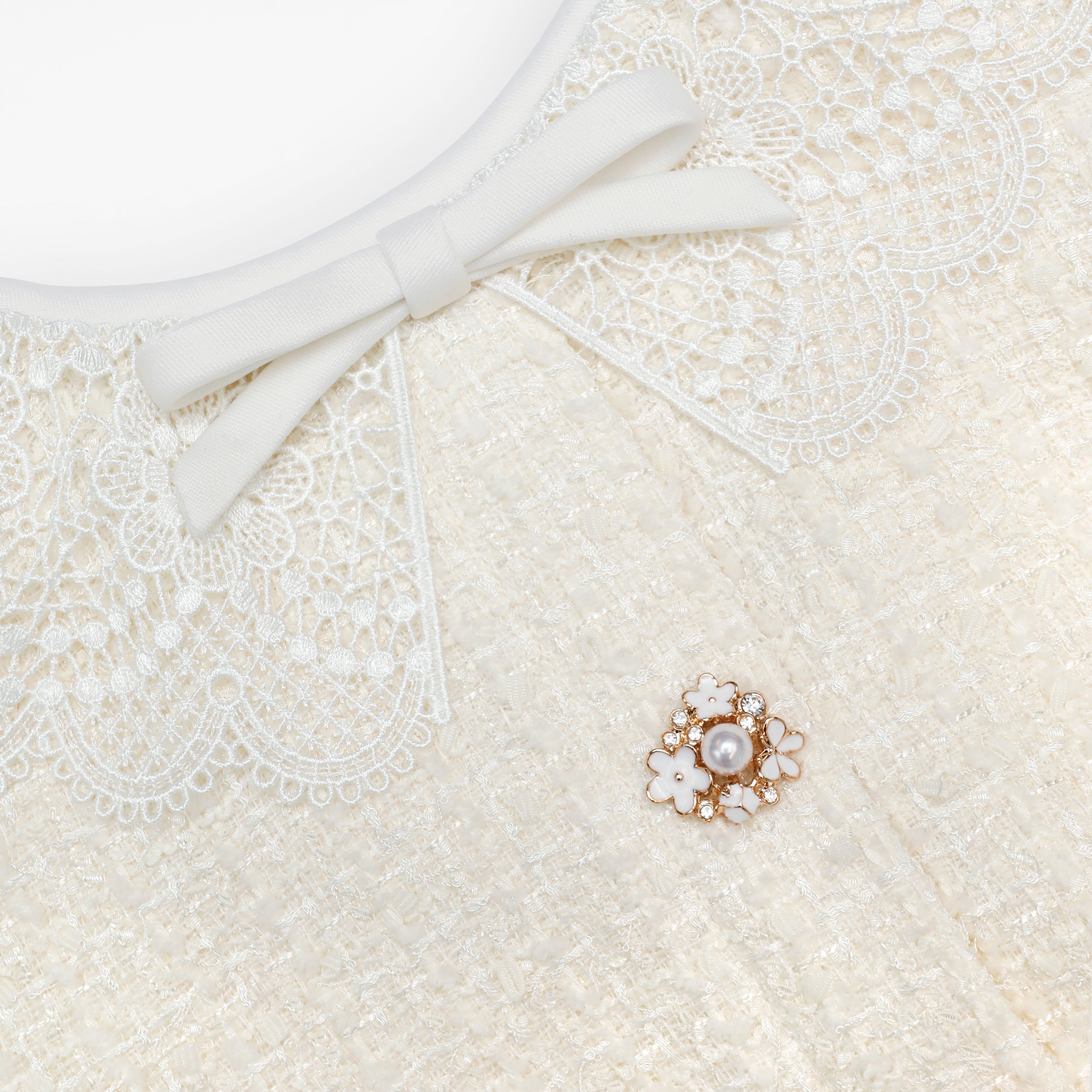 Cream Boucle Lace Trim Mini Dress