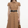 Tan Twill Belted Midi Dress