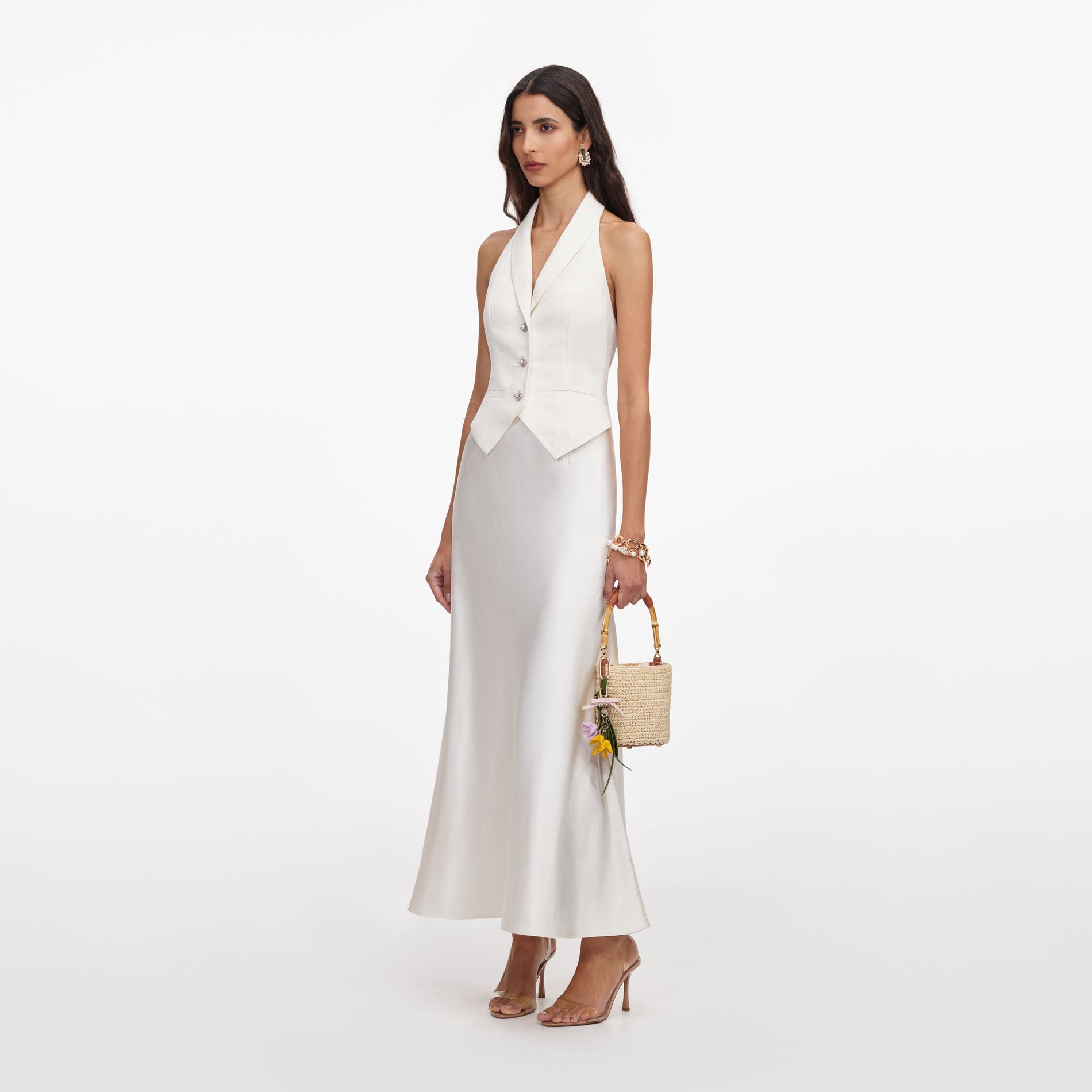 Side view of a woman wearing the Cream Linen Blend Satin Midi Dress