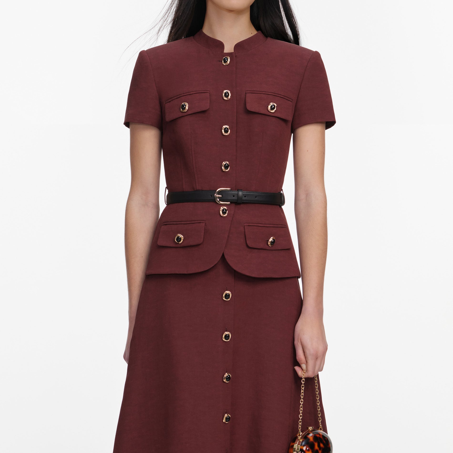 Brown Peplum Linen Blend Midi Dress