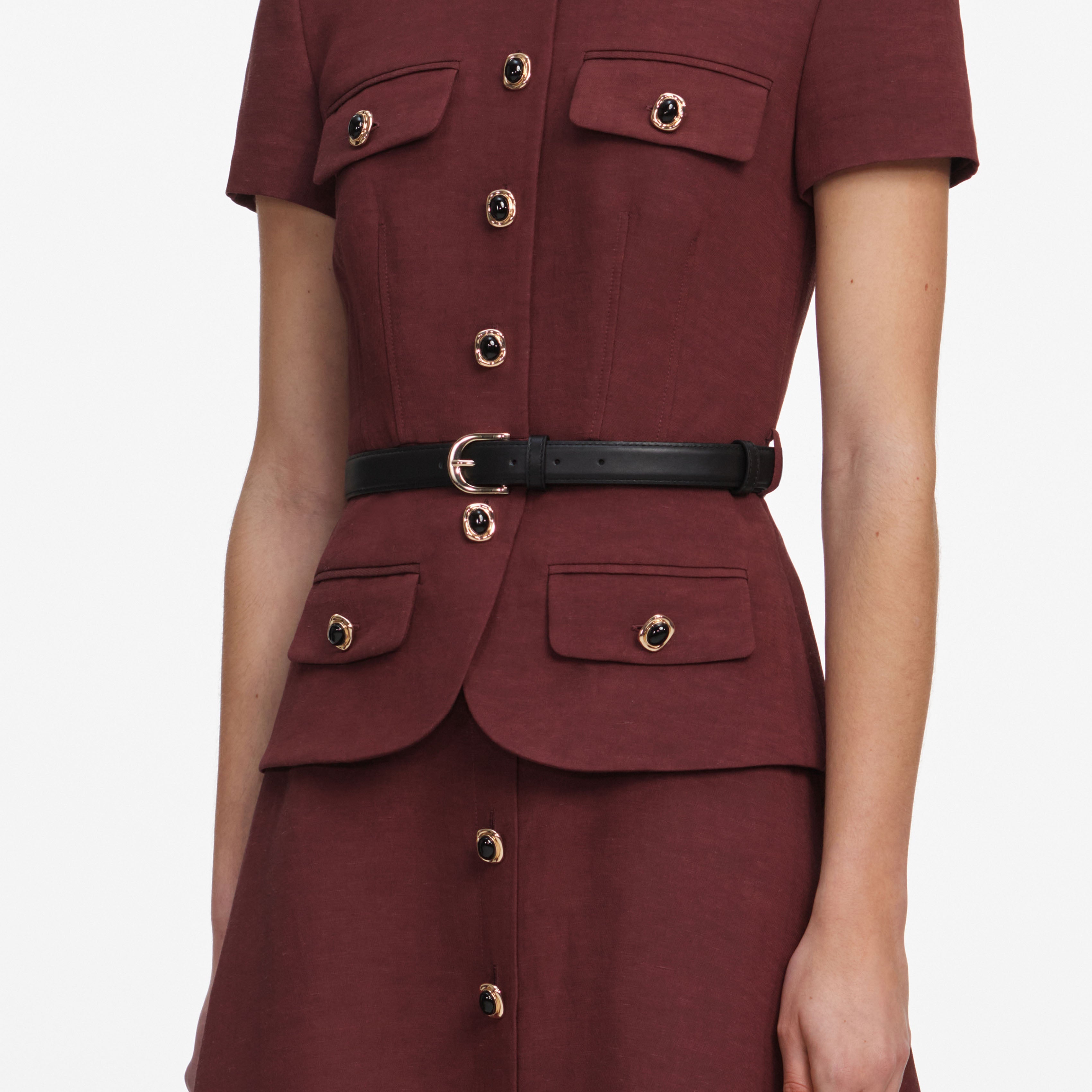 Brown Peplum Linen Blend Midi Dress