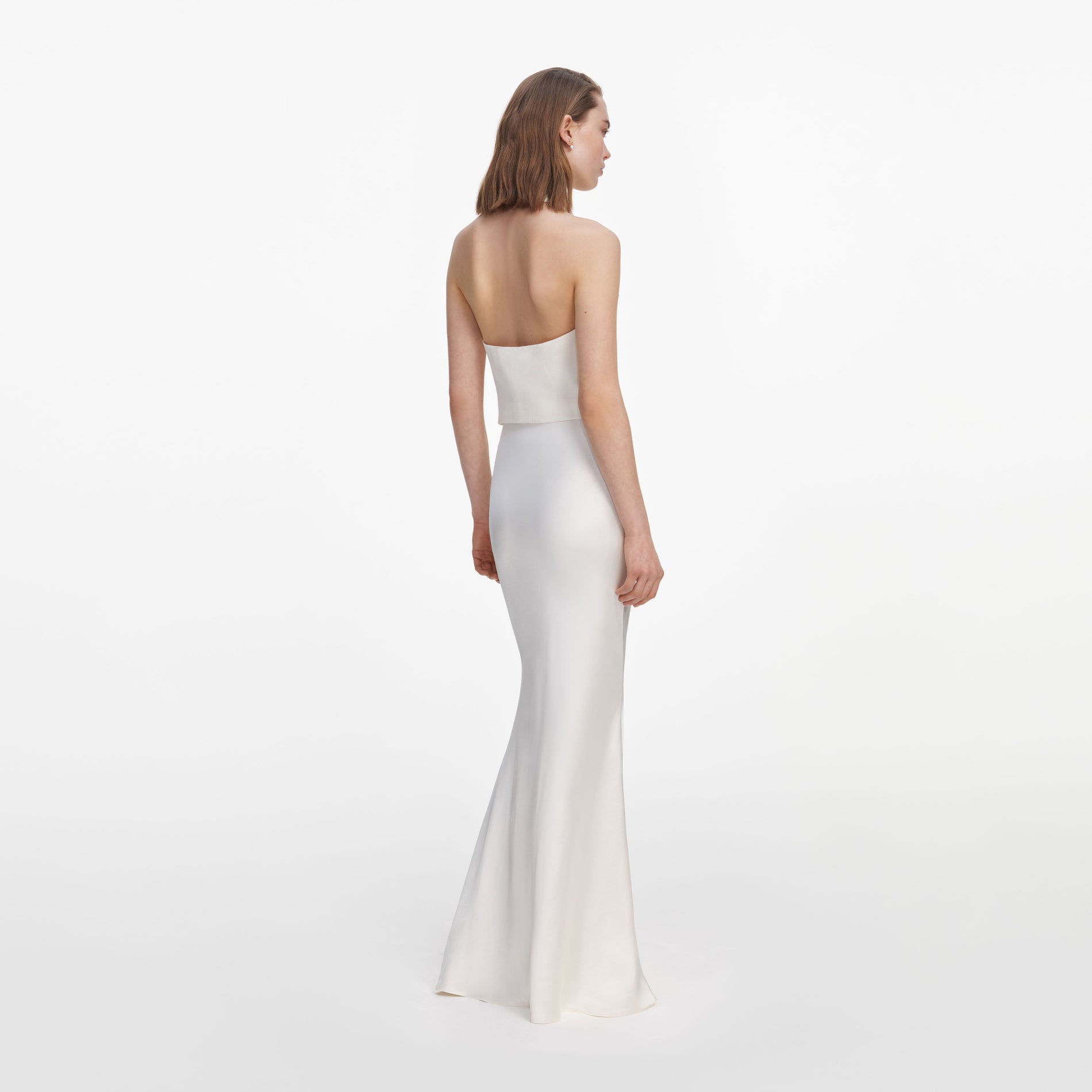Back view of a woman wearing the Cream Linen Blend Satin Maxi Dress