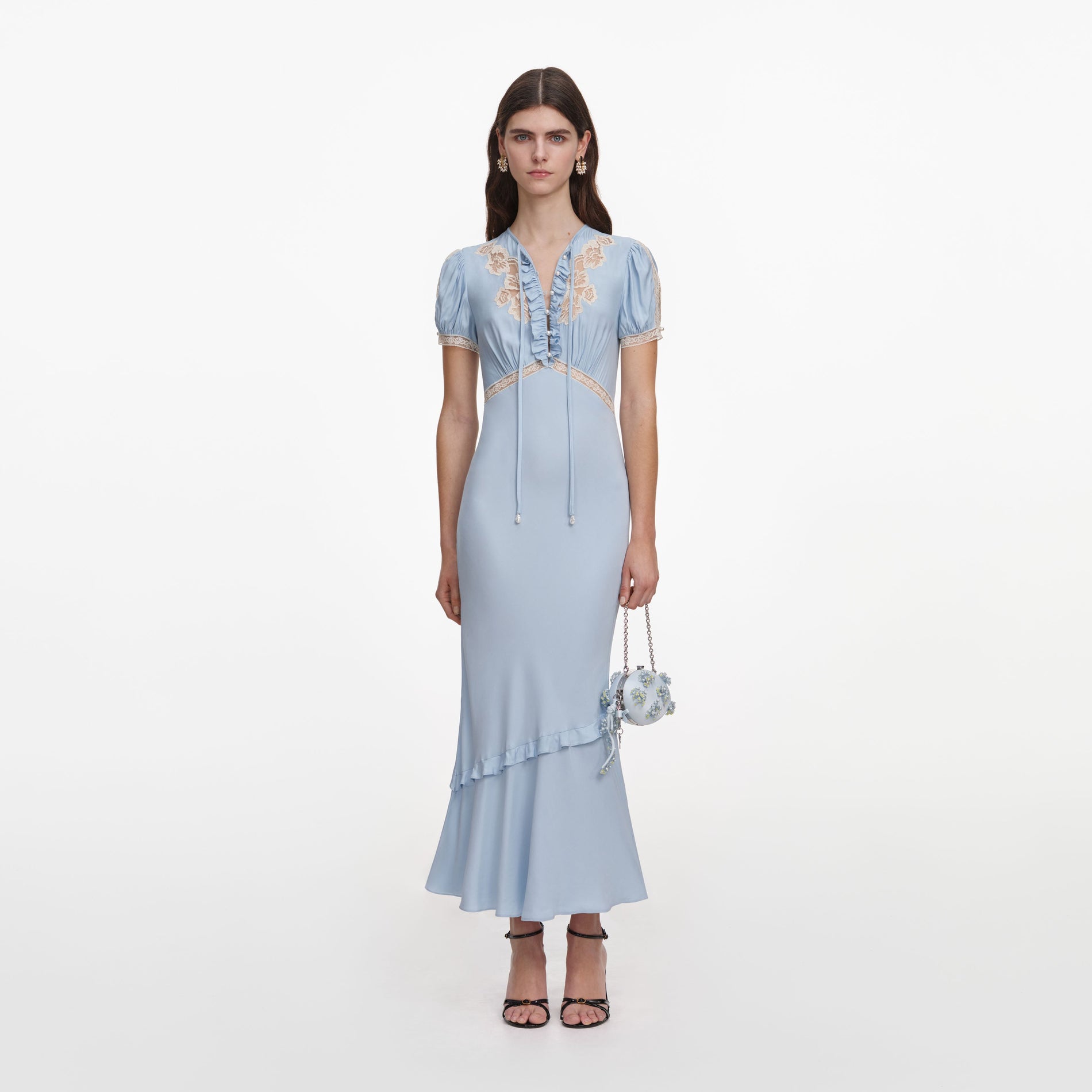 Front view of a woman wearing the Blue Viscose Lace Midi Dress