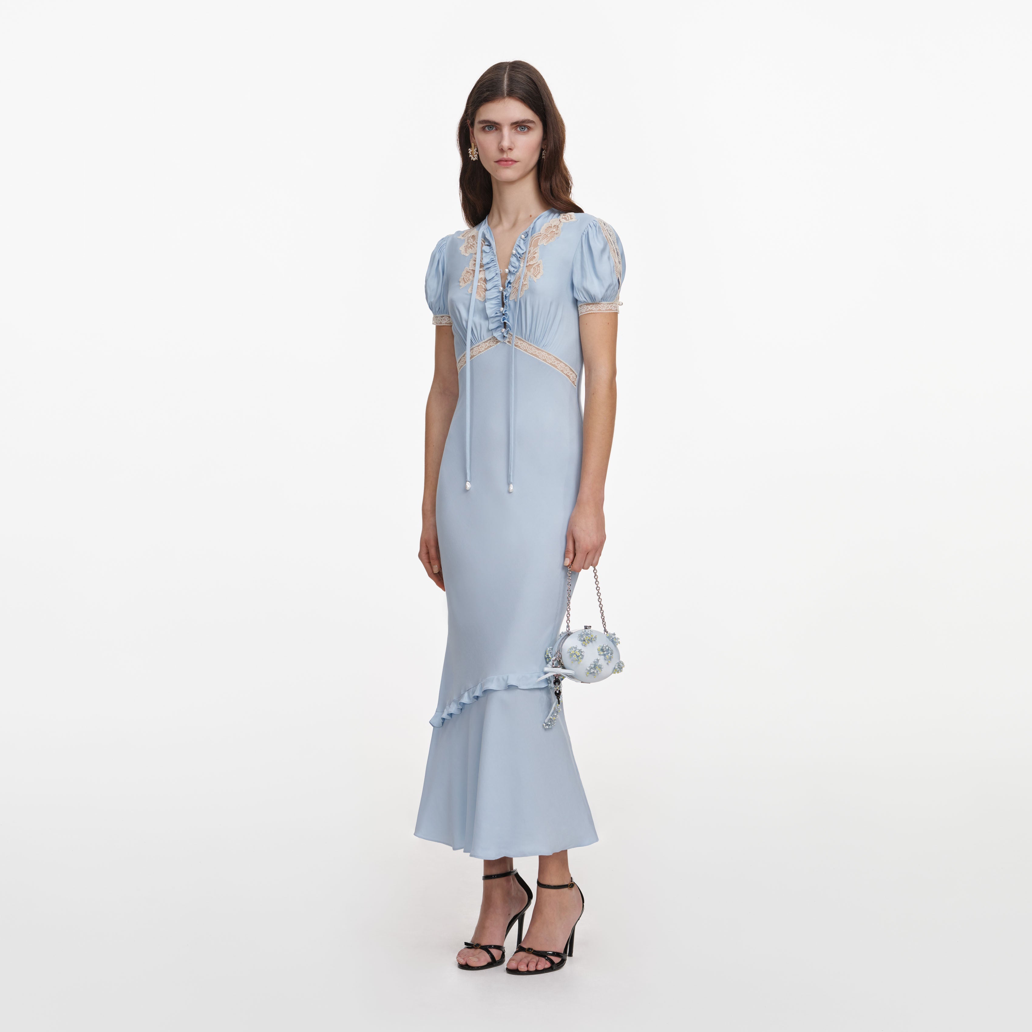 Blue Viscose Lace Midi Dress